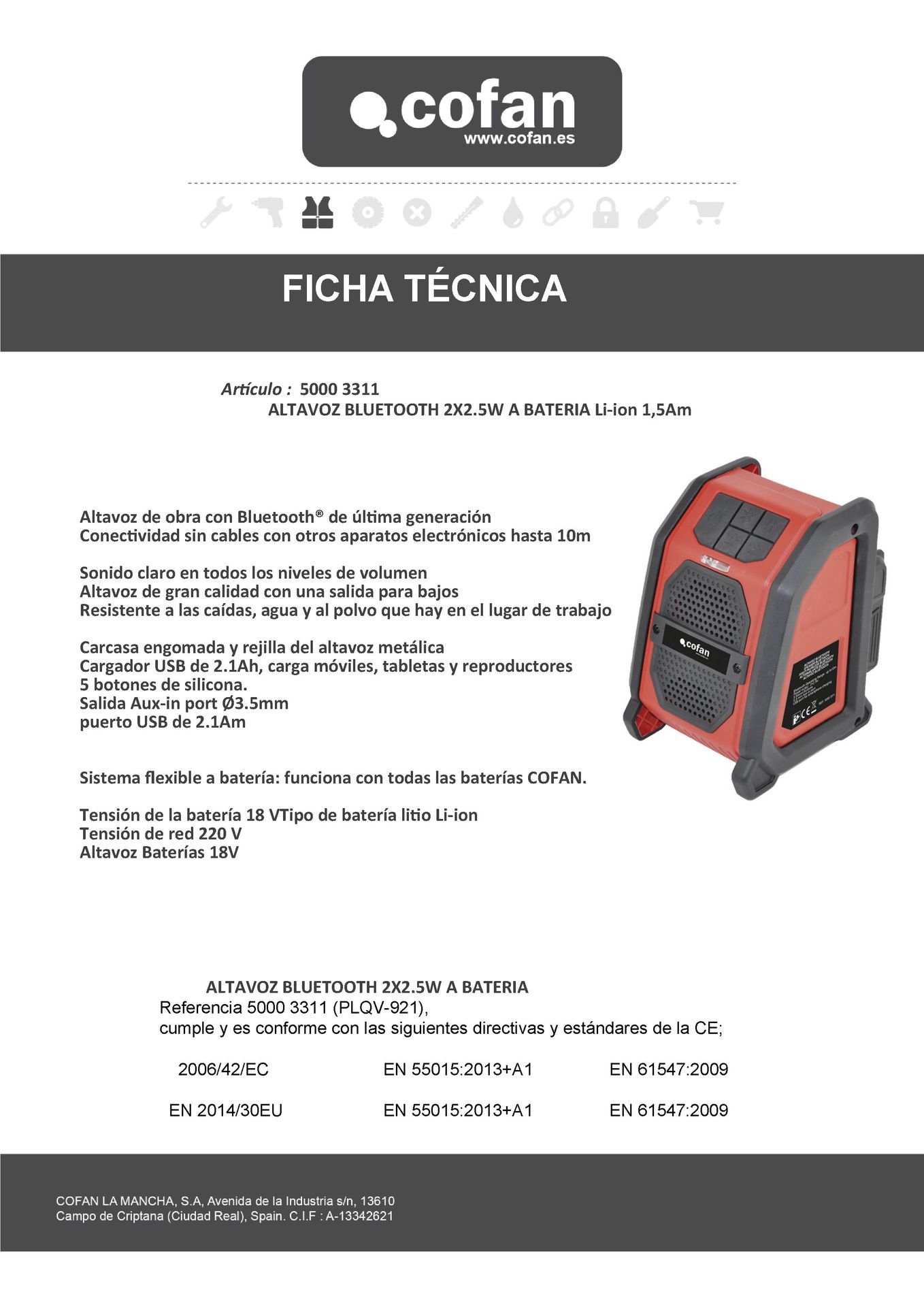 Ficha Técnica de Altavoz Bluetooth a Batería 2,5 W Ref. 50003311