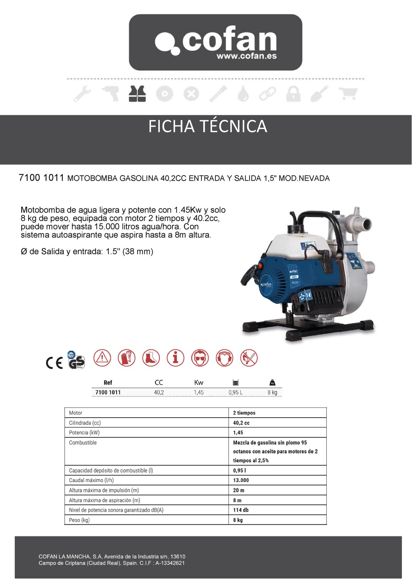 Ficha Técnica de Motobomba Gasolina 40,2 CC Mod. Nevada 1,5