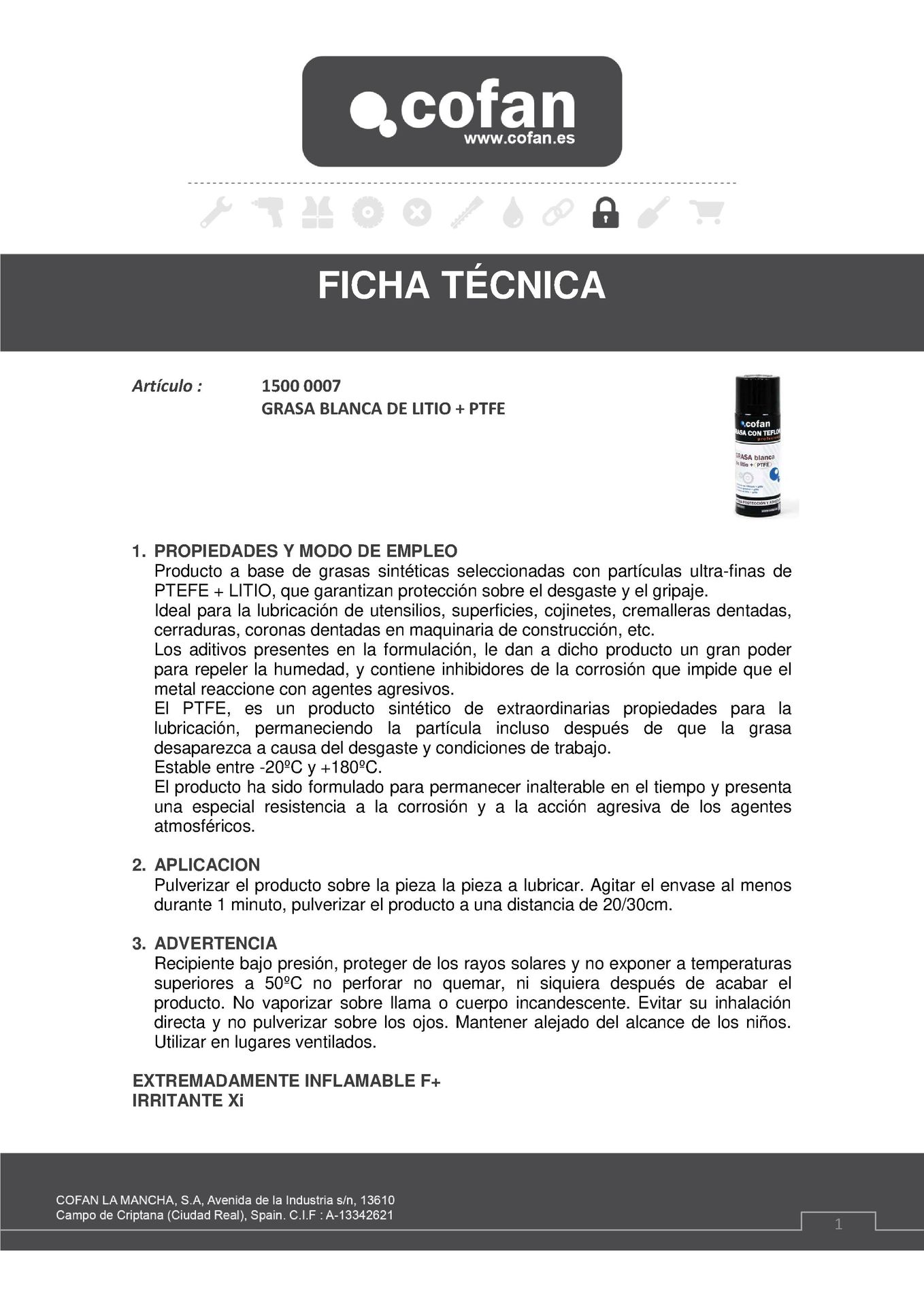 Ficha Técnica de Spray Grasa de Litio Blanca + PTFE 400 ml Ref. 15000007