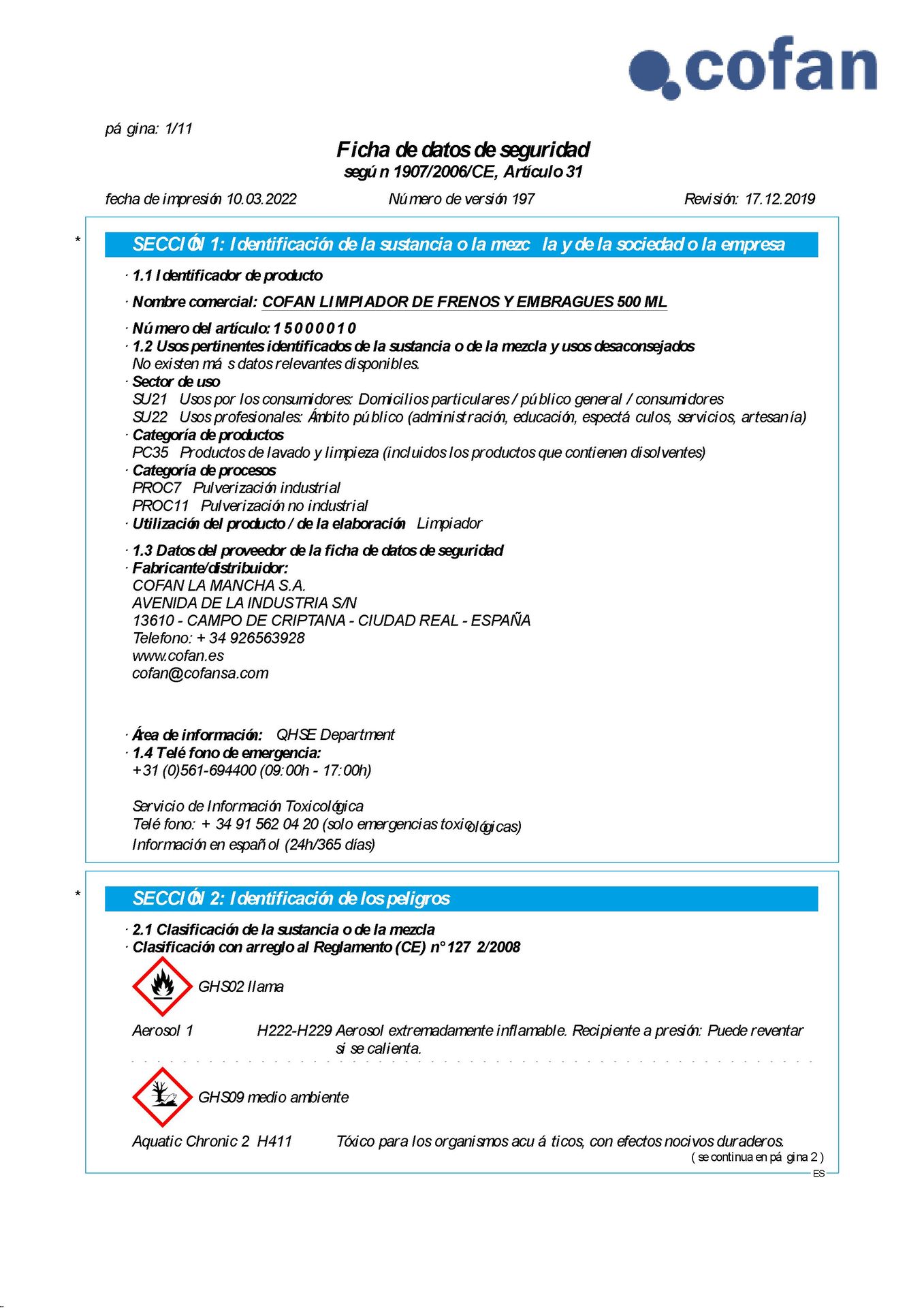 Hoja de Seguridad de Spray Limpiador de Frenos y Embragues 500 ml Ref. 15000010