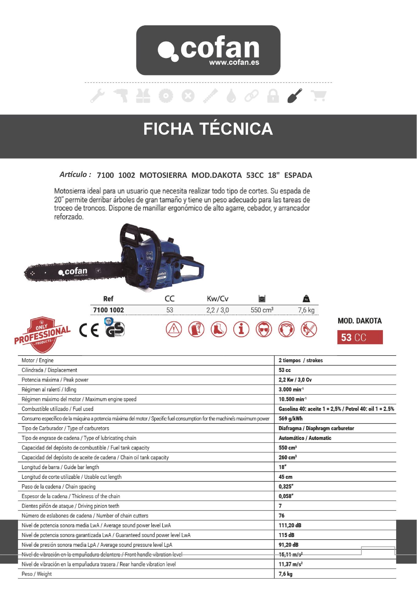 Ficha Técnica de Motosierra Mod Dakota 54 cc Ref. 71001002