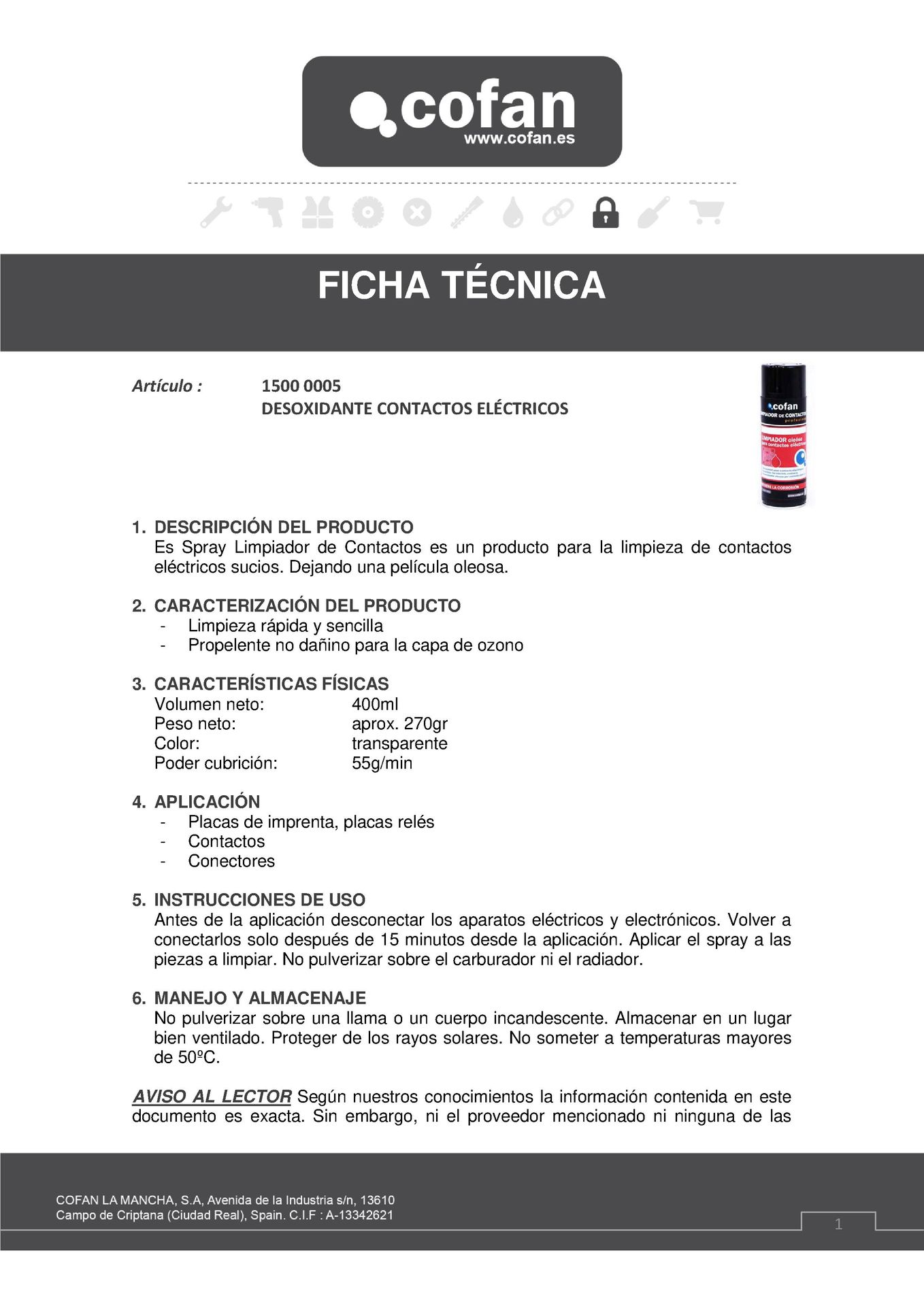 Ficha Técnica de Spray Limpiador Oleoso de Contactos Eléctricos 400 ml Ref. 15000005