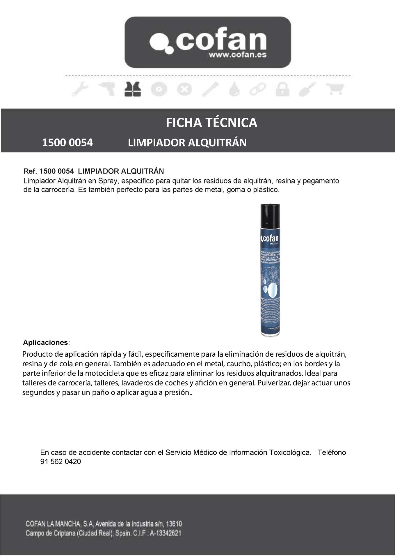 Ficha Técnica de Spray Limpiador de Alquitrán 400 ml Ref. 15000054