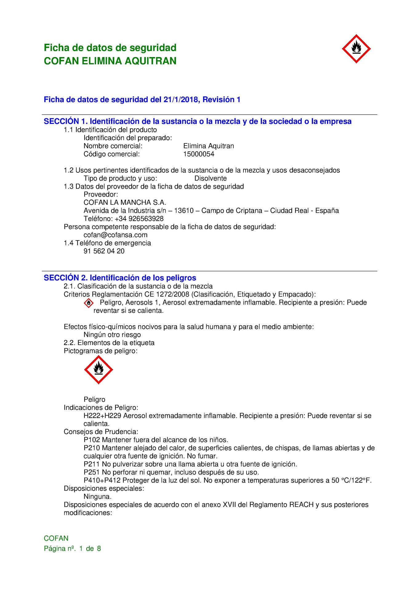 Hoja de Seguridad de Spray Limpiador de Alquitrán 400 ml Ref. 15000054