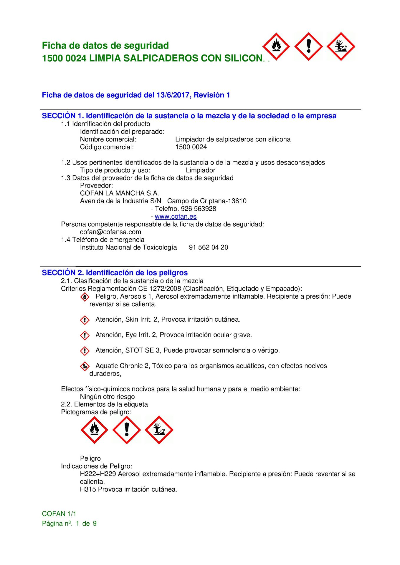 Hoja de Seguridad de Spray Limpiador Salpicaderos con Silicona 600 ml Ref. 15000024