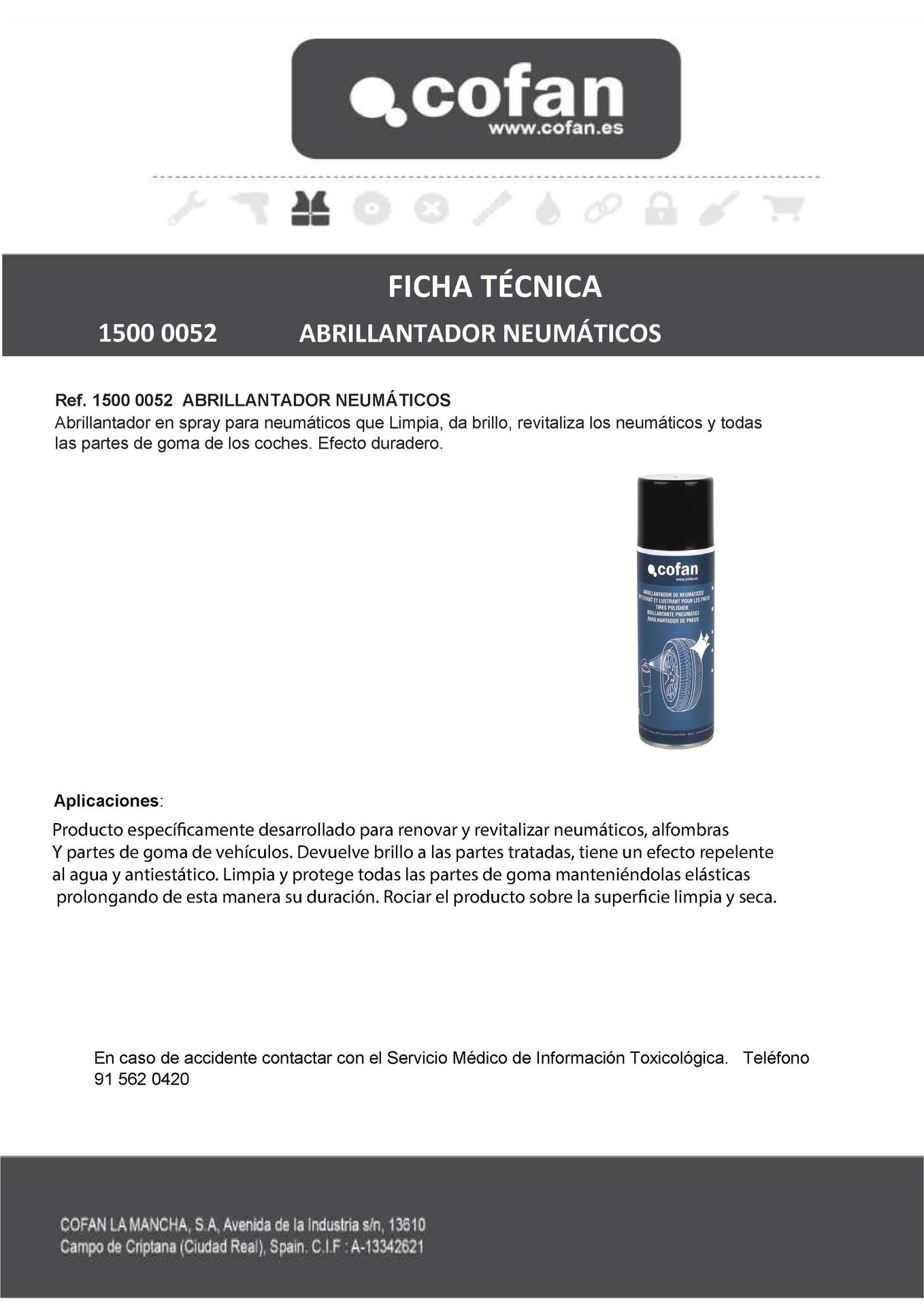 Ficha Técnica de Spray Abrillantador de Neumáticos 400 ml Ref. 15000052