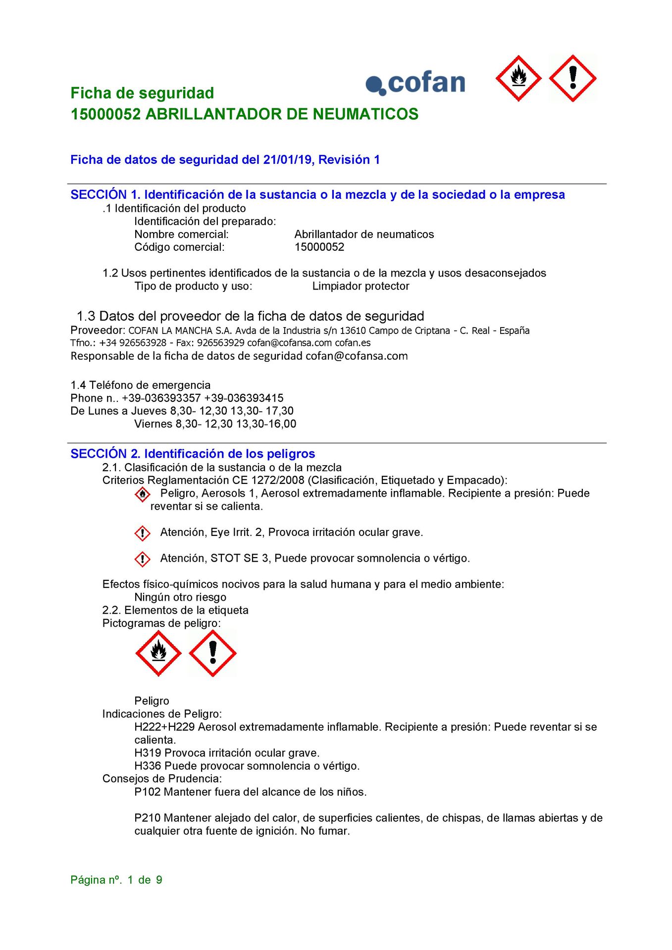 Hoja de Seguridad de Spray Abrillantador de Neumáticos 400 ml Ref. 15000052