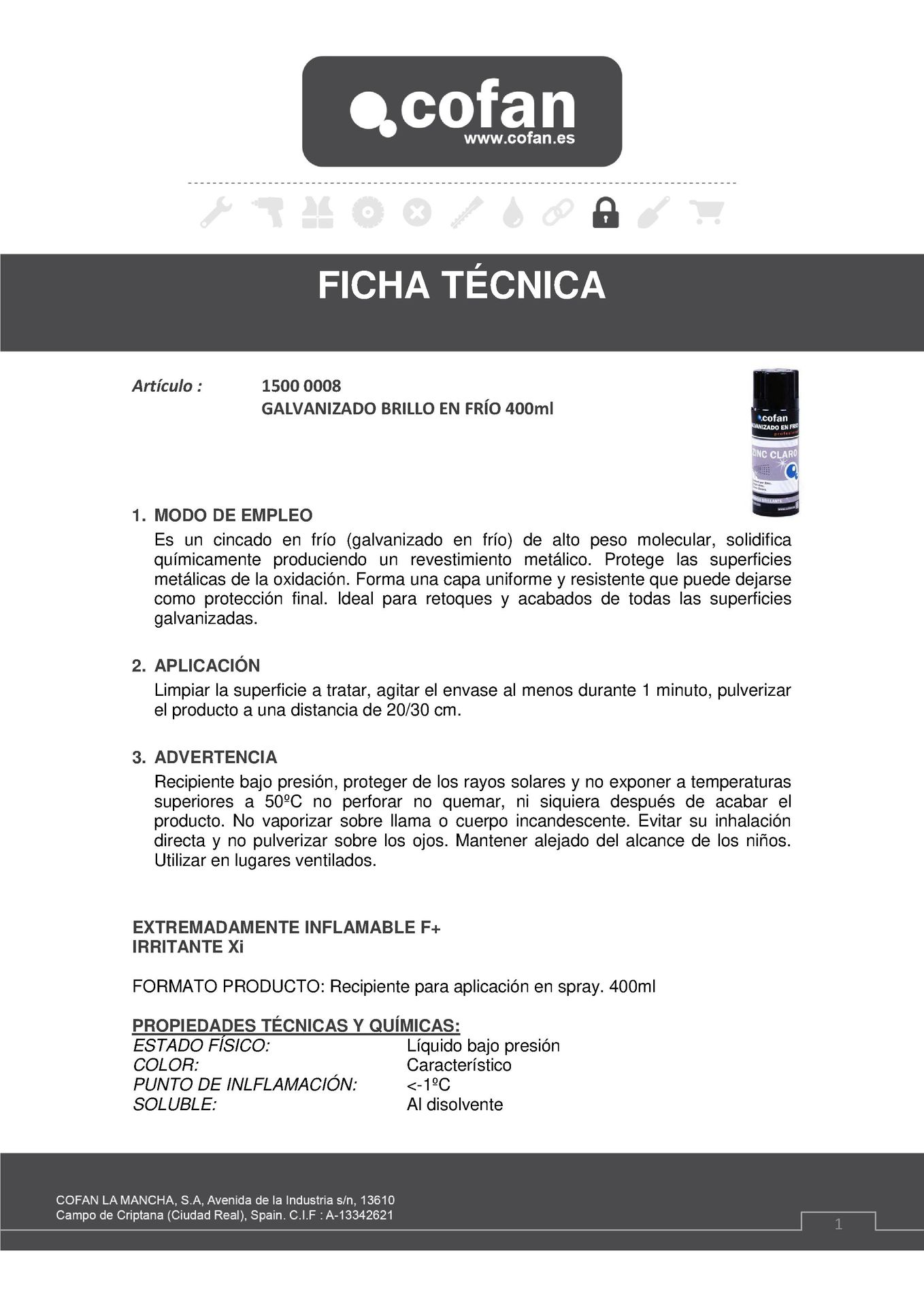 Ficha Técnica de Spray Galvanizado en Frío 400 ml Ref. 15000008