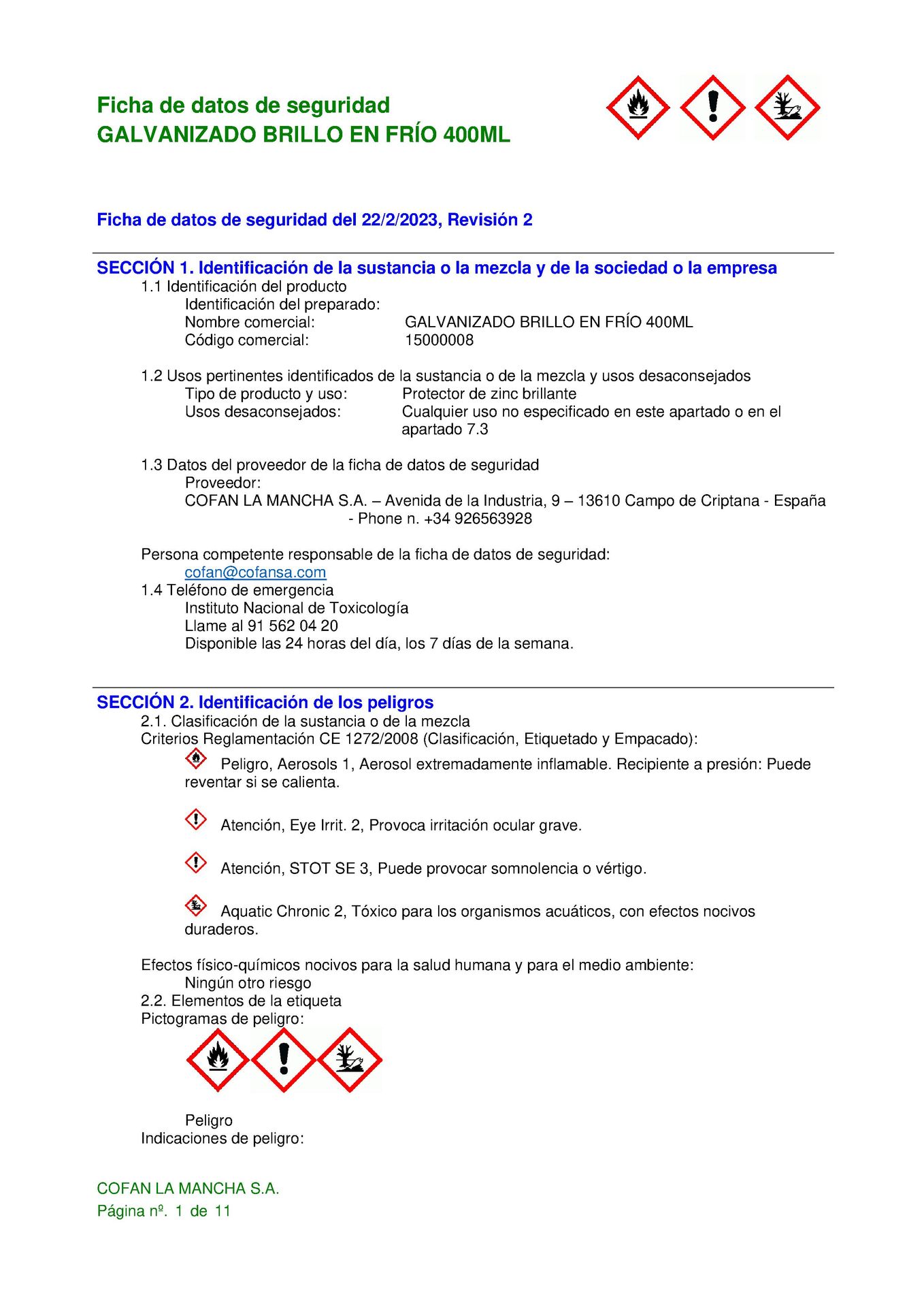 Hoja de Seguridad de Spray Galvanizado en Frío 400 ml Ref. 15000008