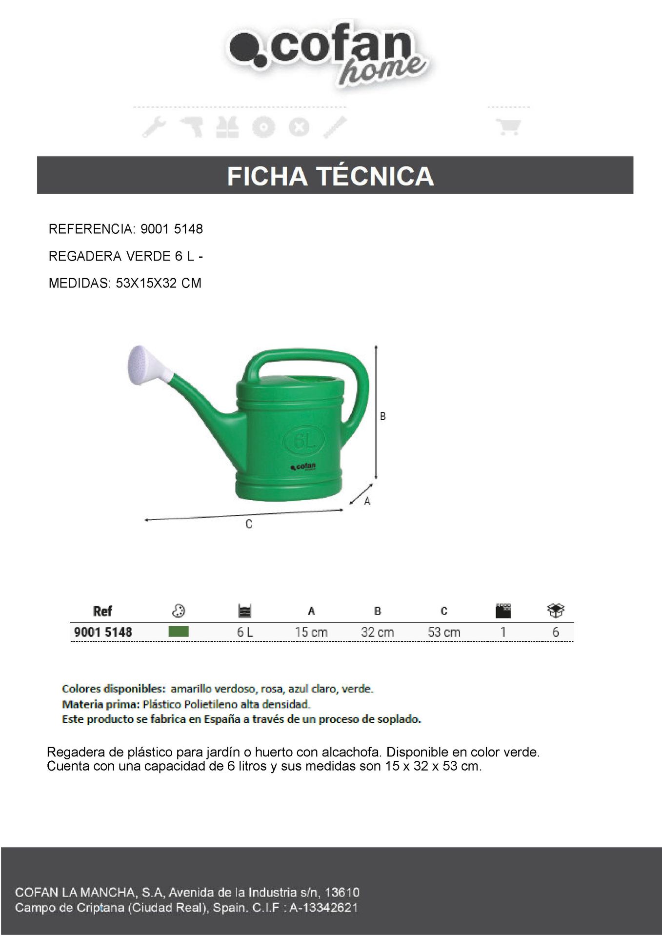 Ficha Técnica de Regadera 6 Litros Ref. 90015148