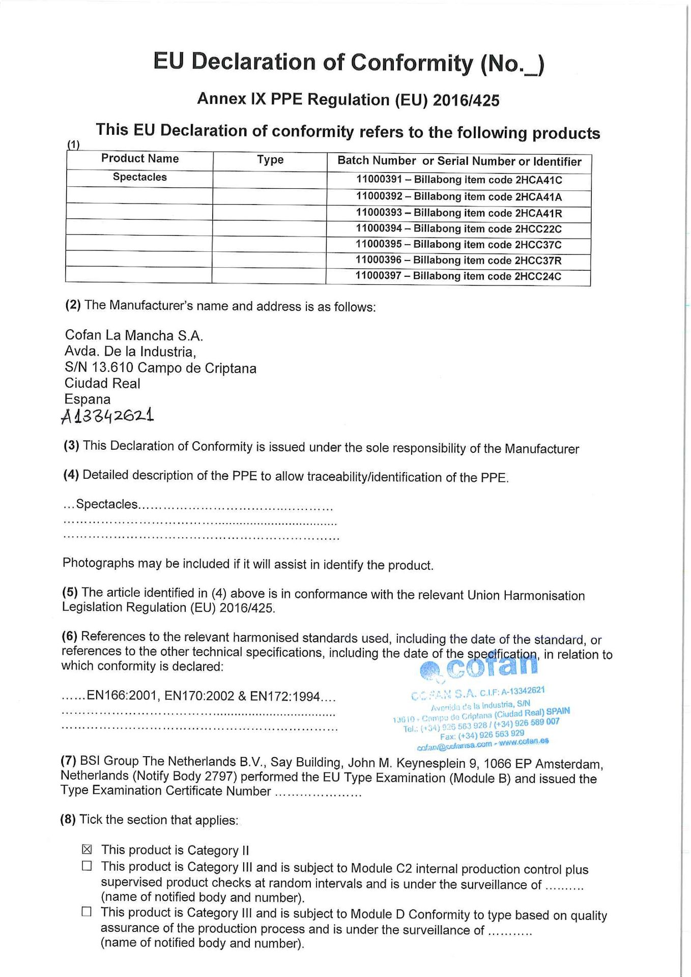 Declaración de Conformidad de Gafas de Seguridad Super Ligera 18 Gramos Ref. 11000395