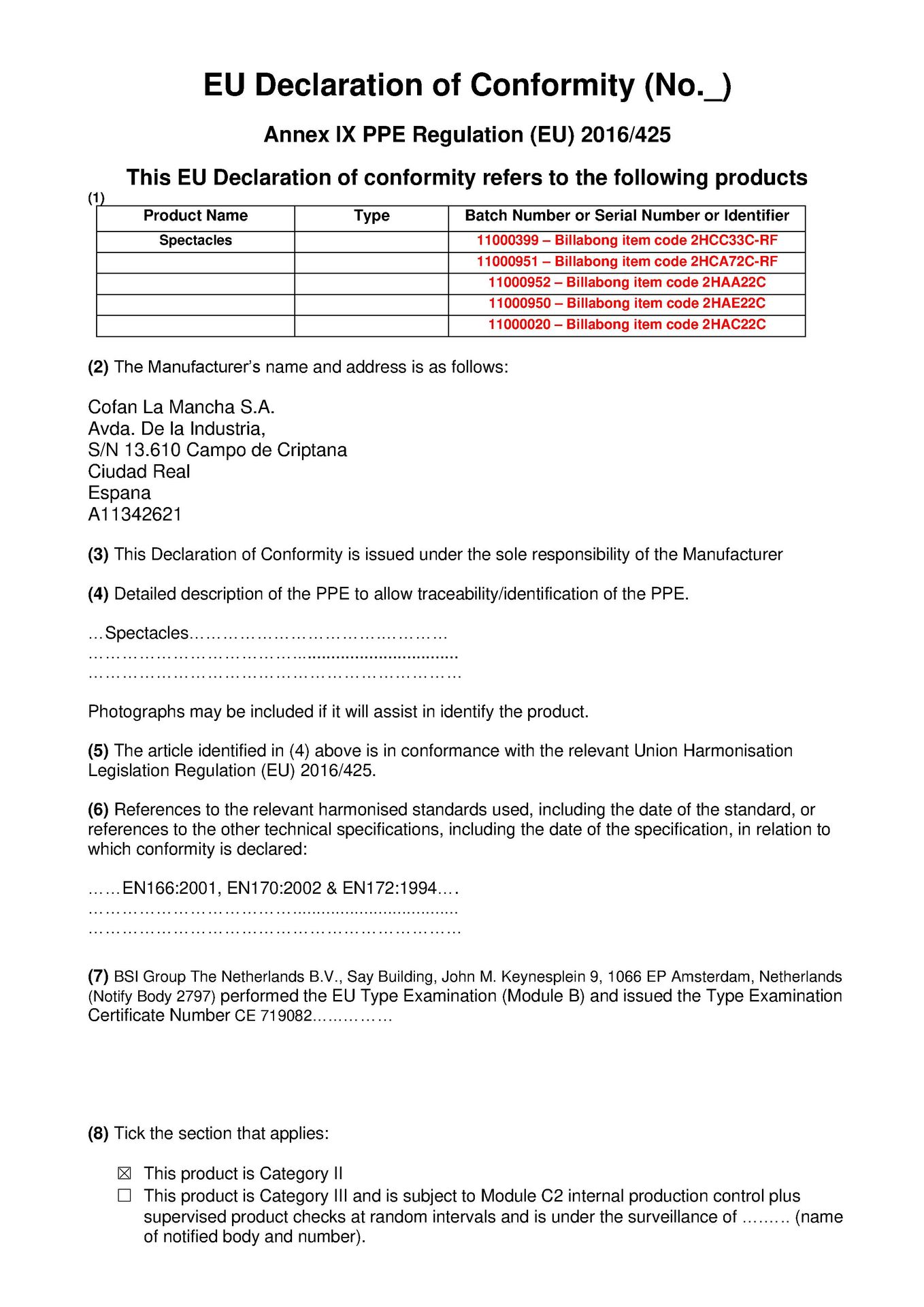 Certificado de Gafas de Seguridad Acolchadas Ref. 11000951