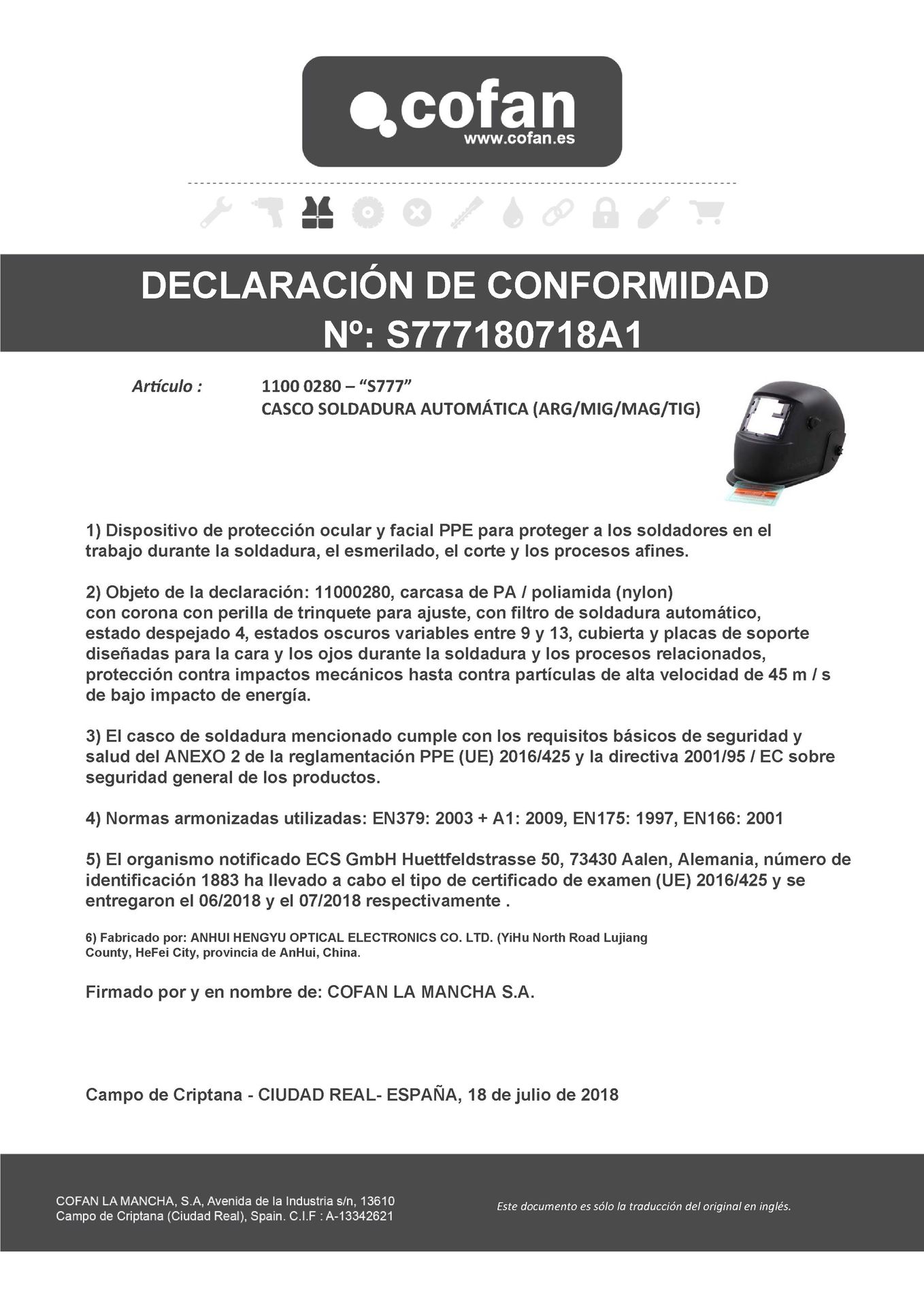 Declaracion de Conformidad de Máscara de Soldar Automática Ref. 11000280