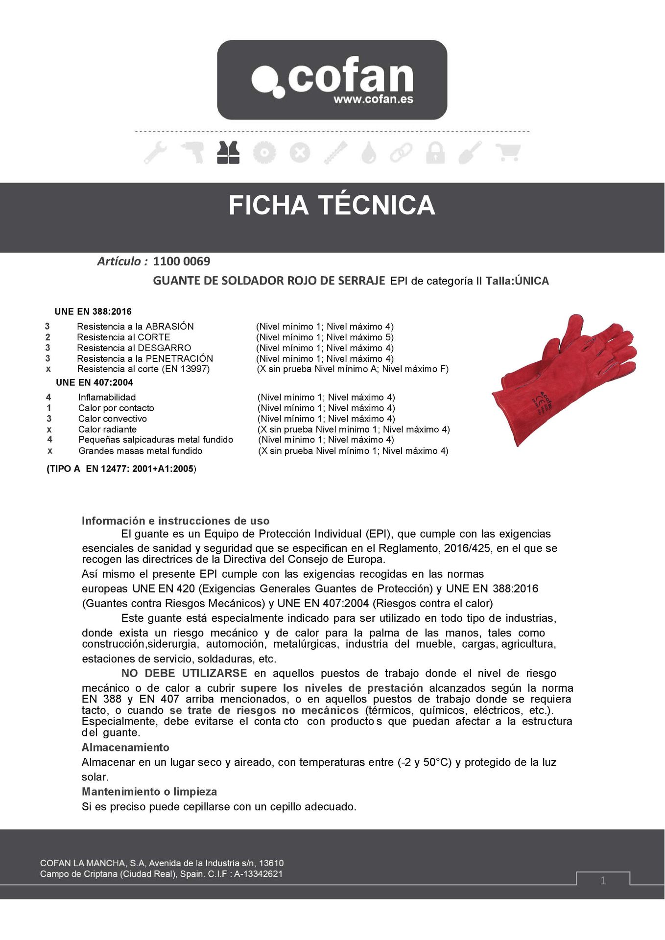 Ficha Técnica de Guante Soldador Rojo de Serraje Ref. 11000069BL