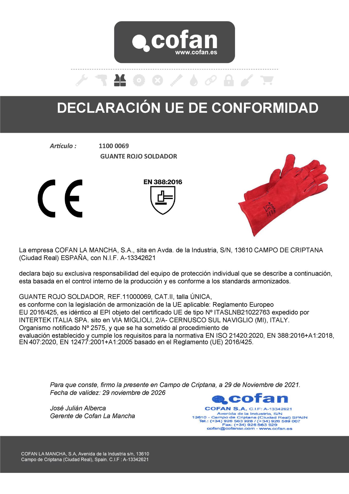 Declaracion de Conformidad de Guante Soldador Rojo de Serraje Ref. 11000069BL