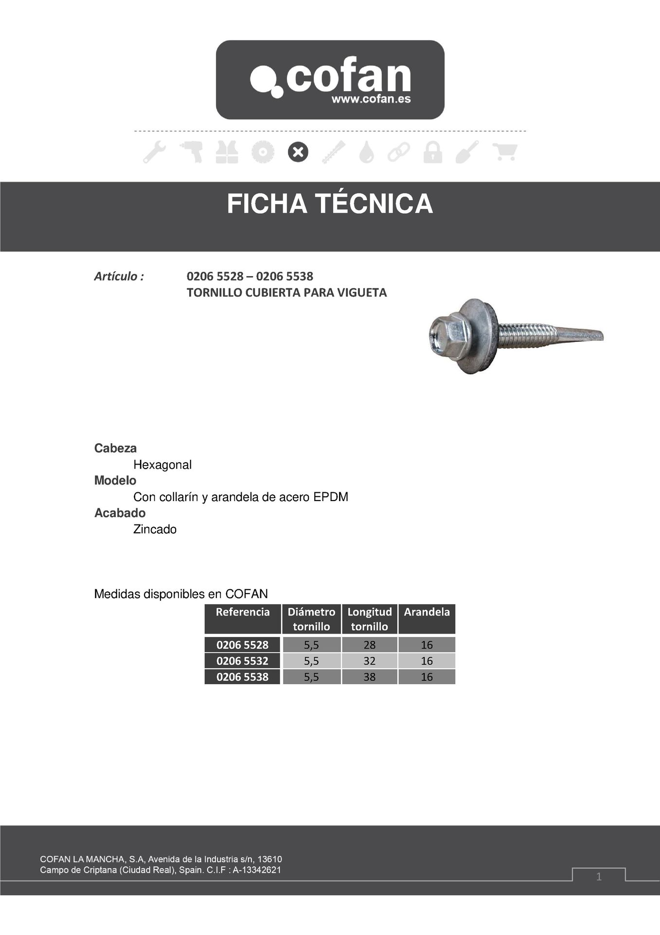 Ficha Técnica de Tornillo de Cubierta Con Arandela Acero (Vigueta) 5,5*38 mm Ref. 02065538