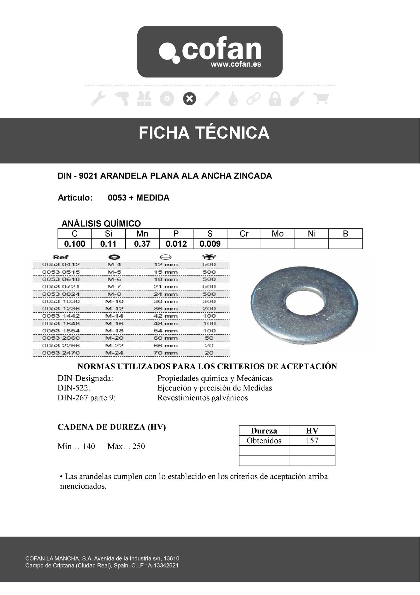 Ficha Técnica de Arandela Plana Ala Ancha DIN 9021