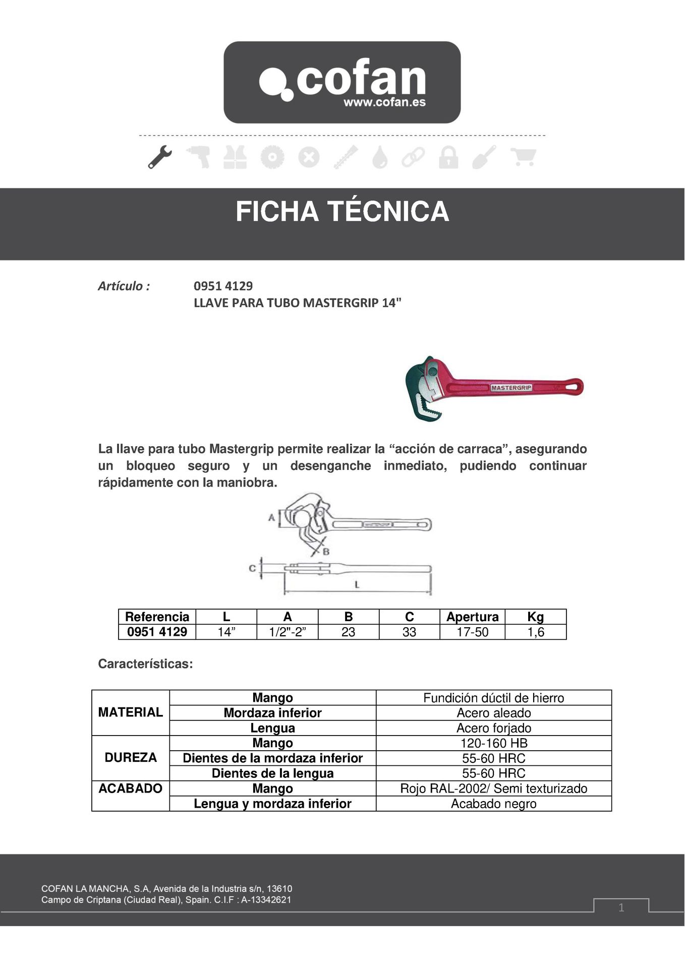 Ficha Técnica de Llave para Tubo MasterGrip