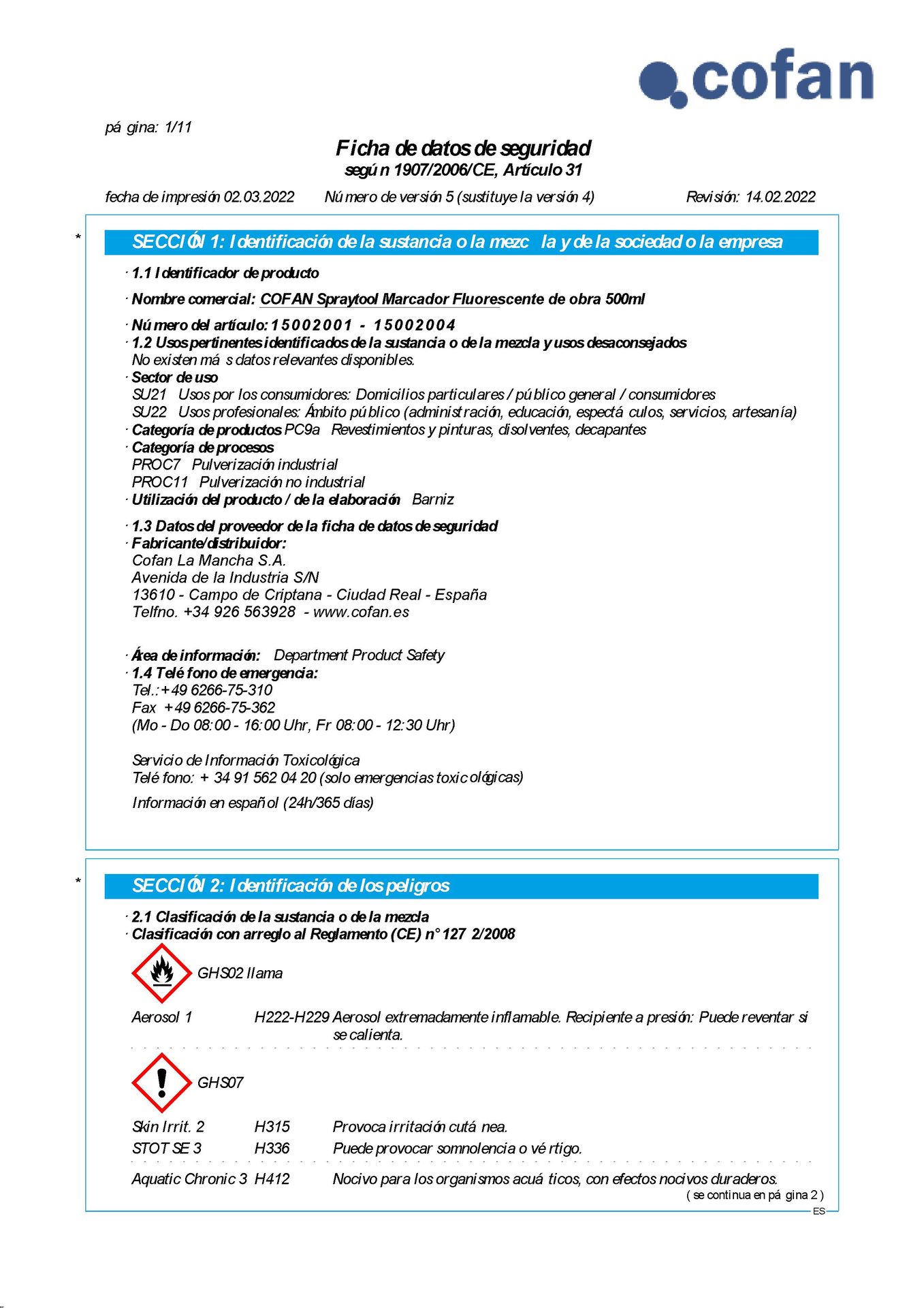 Hoja de Seguridad de Spray Marcador de Obra 500 ml