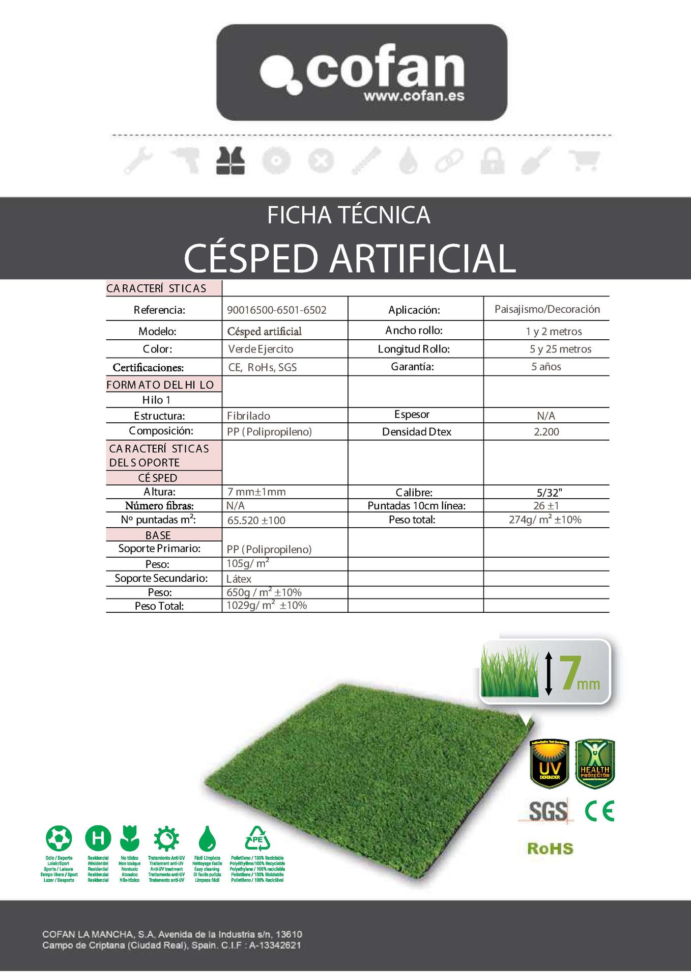 Ficha Técnica de Rollo Cesped Artificial 7 mm