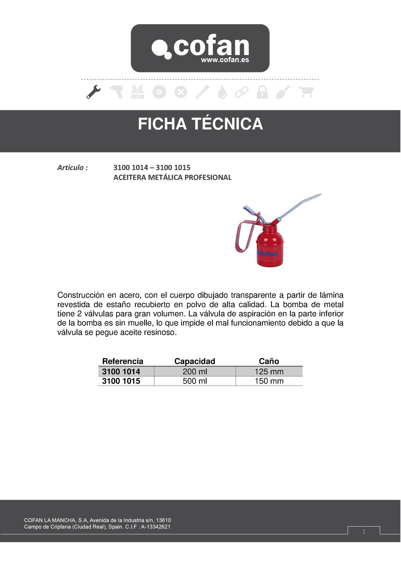 Ficha Técnica de Aceitera Metálica Profesional