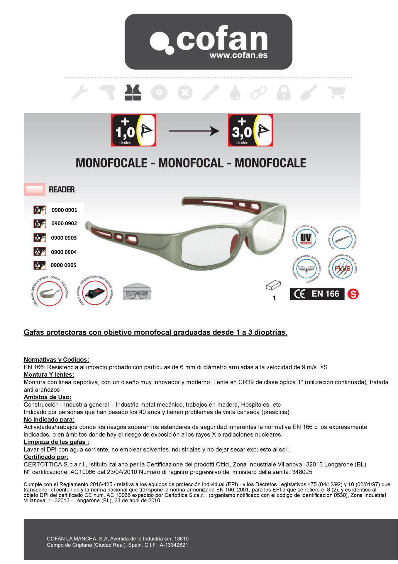 Ficha Técnica de Gafas de Seguridad Graduadas