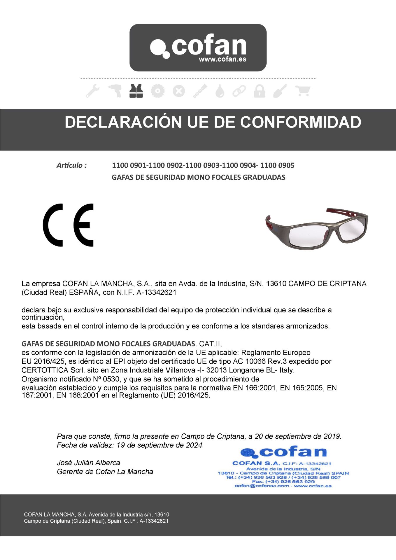 Declaración de Conformidad de Gafas de Seguridad Graduadas