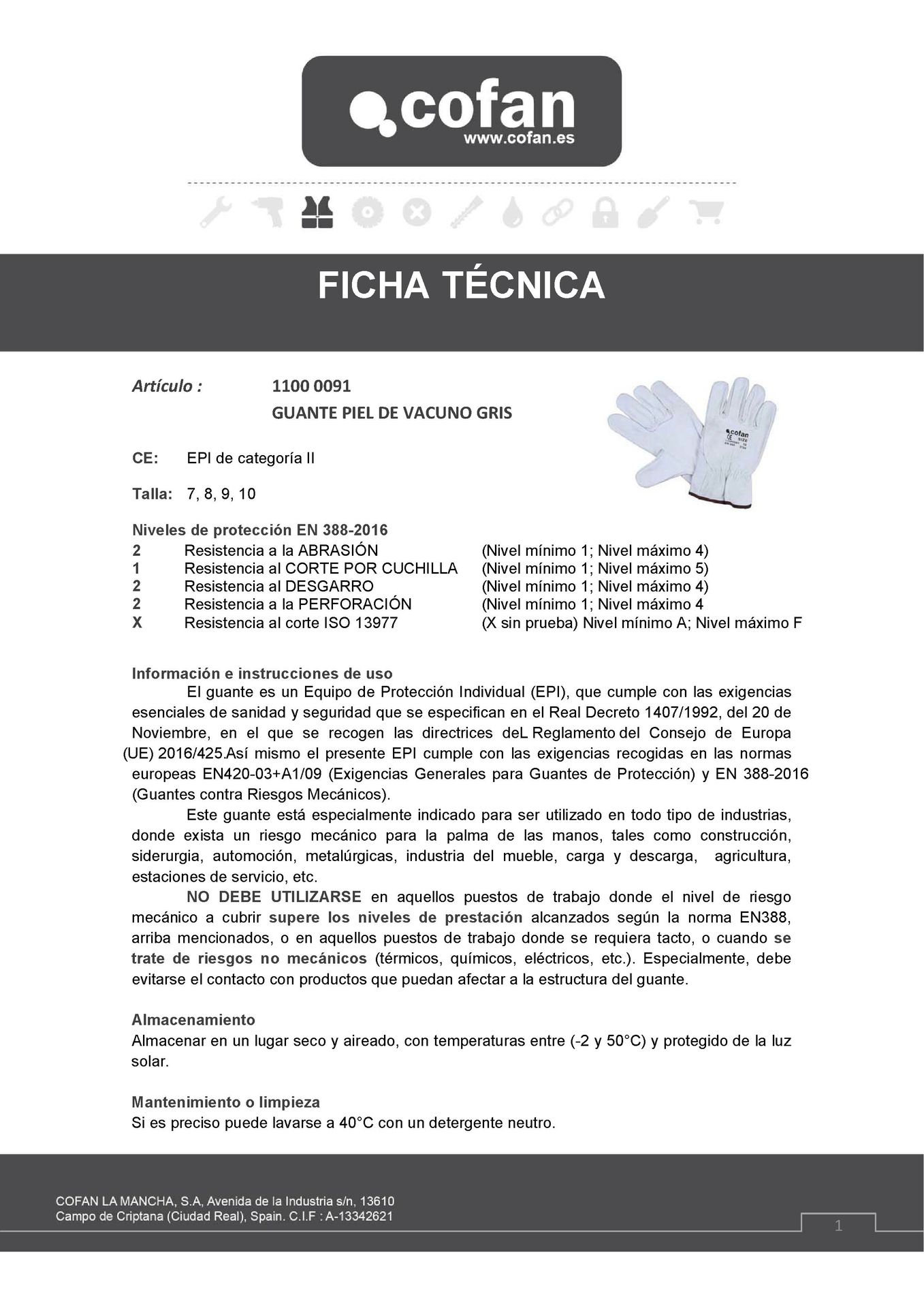 Ficha Técnica de Guantes Piel de Vacuno Gris