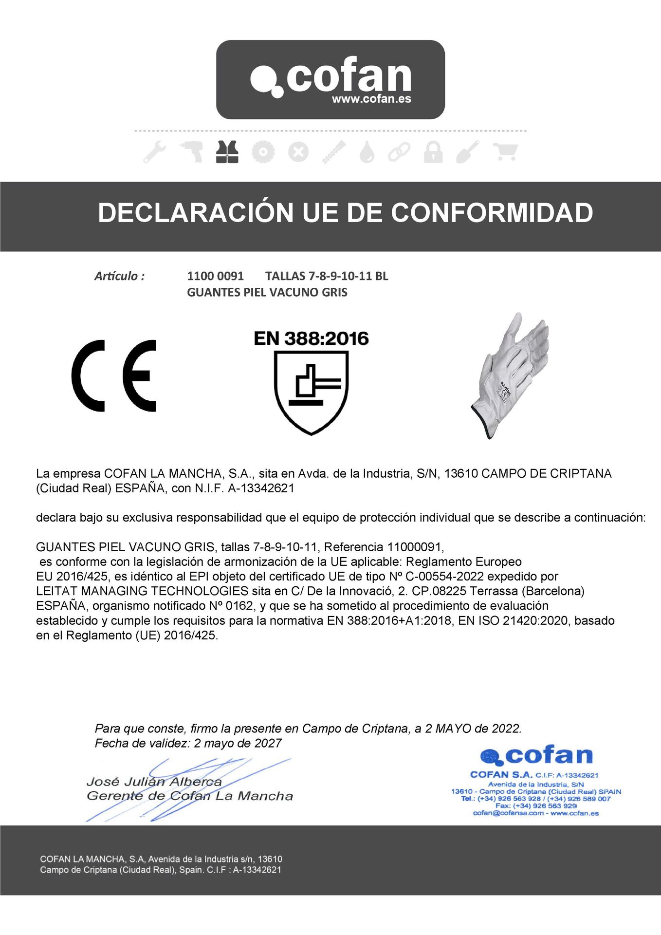 Declaracion de Conformidad de Guantes Piel de Vacuno Gris