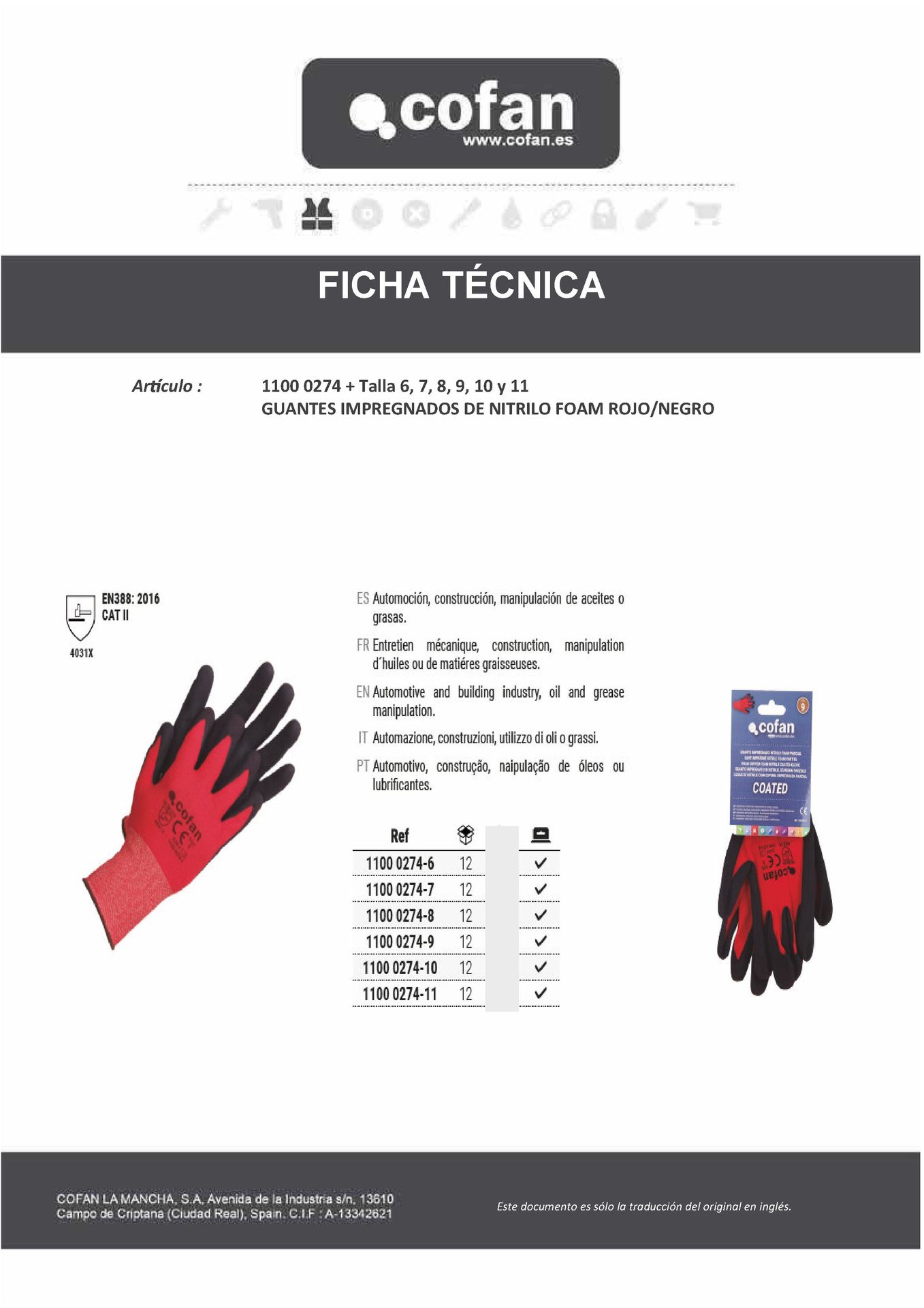 Ficha Técnica de Guantes Nitrilo Rojo/Negro