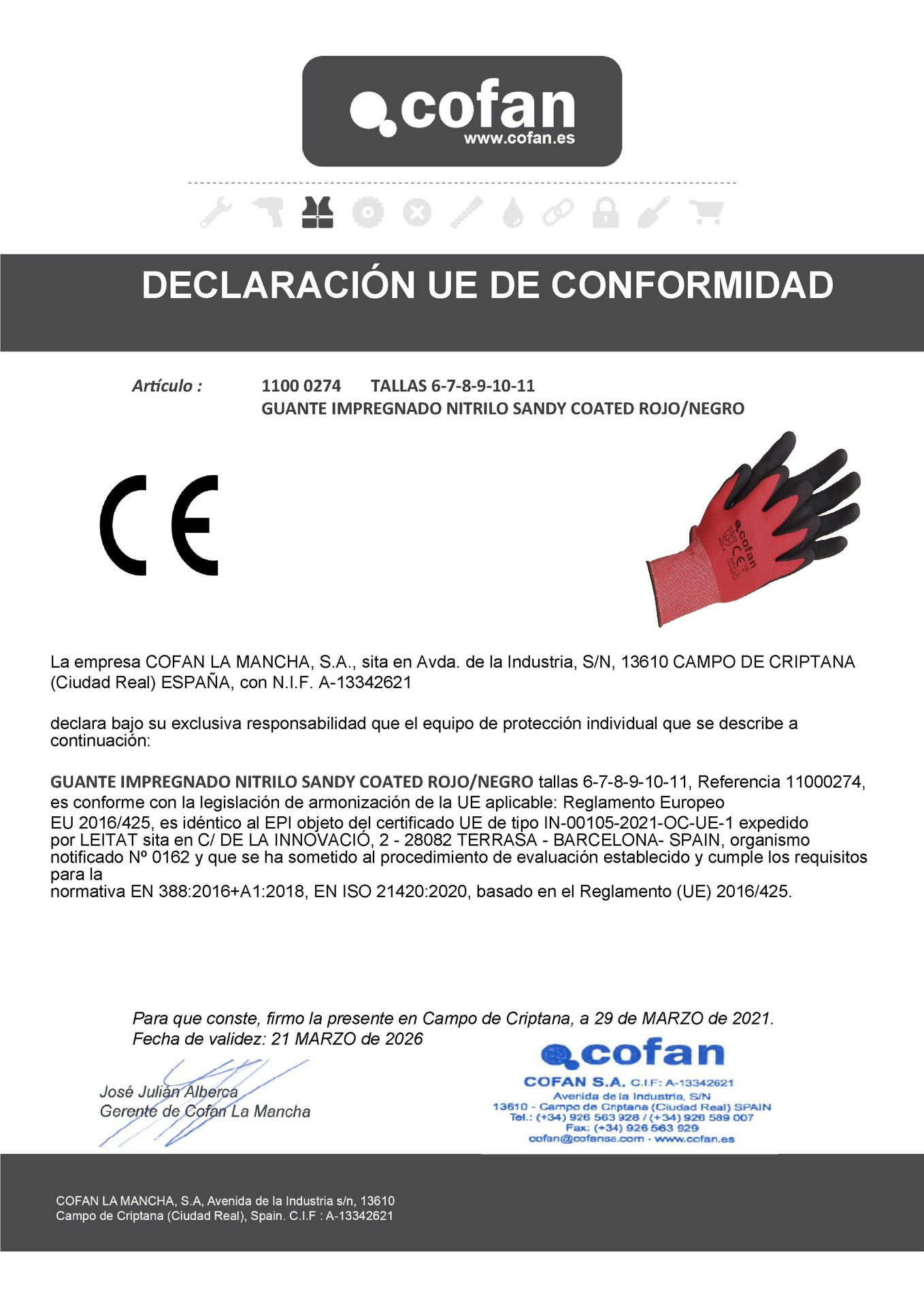 Declaración de Conformidad de Guantes Nitrilo Rojo/Negro