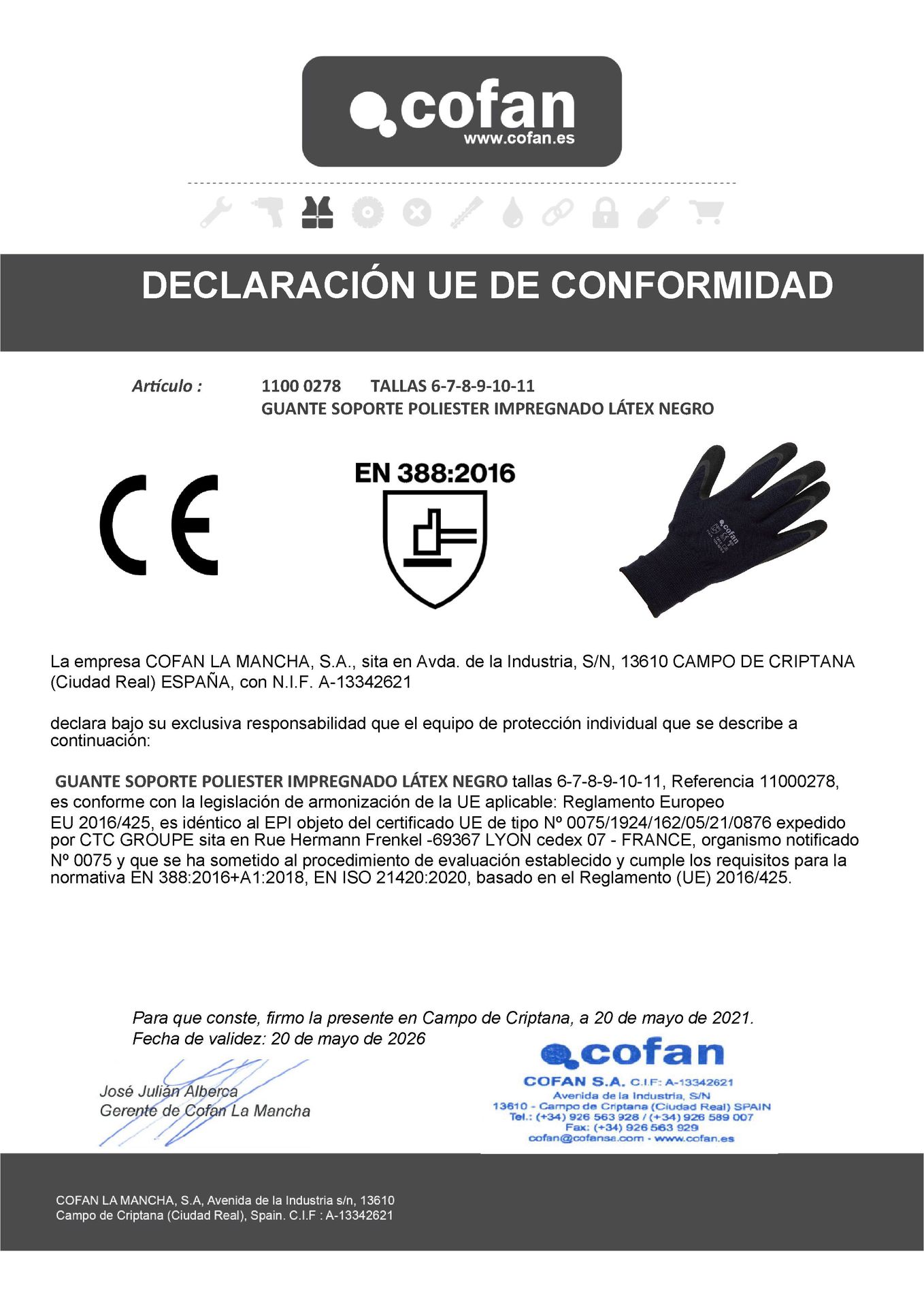 Declaracion de Conformidad de Guantes Poliester Impregnado en Latex Negro