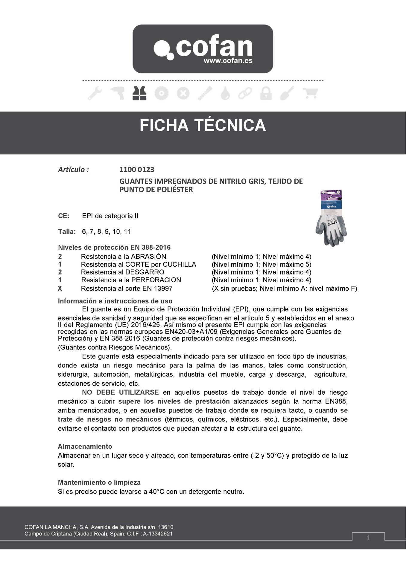 Ficha Técnica de Guantes Nitrilo con Tejido de Poliester Gris/Blanco