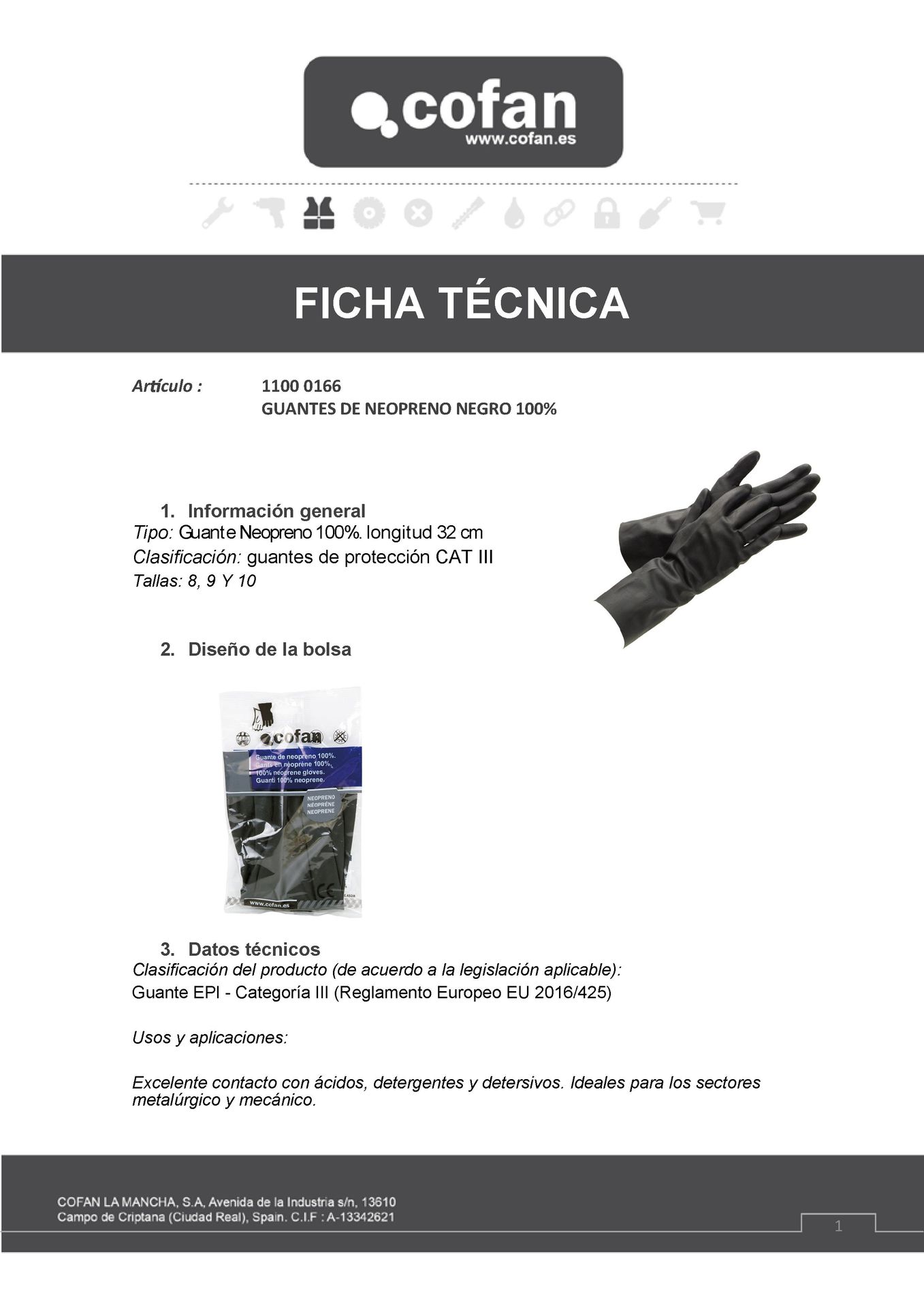 Ficha Técnica de Guantes de Neopreno Negro