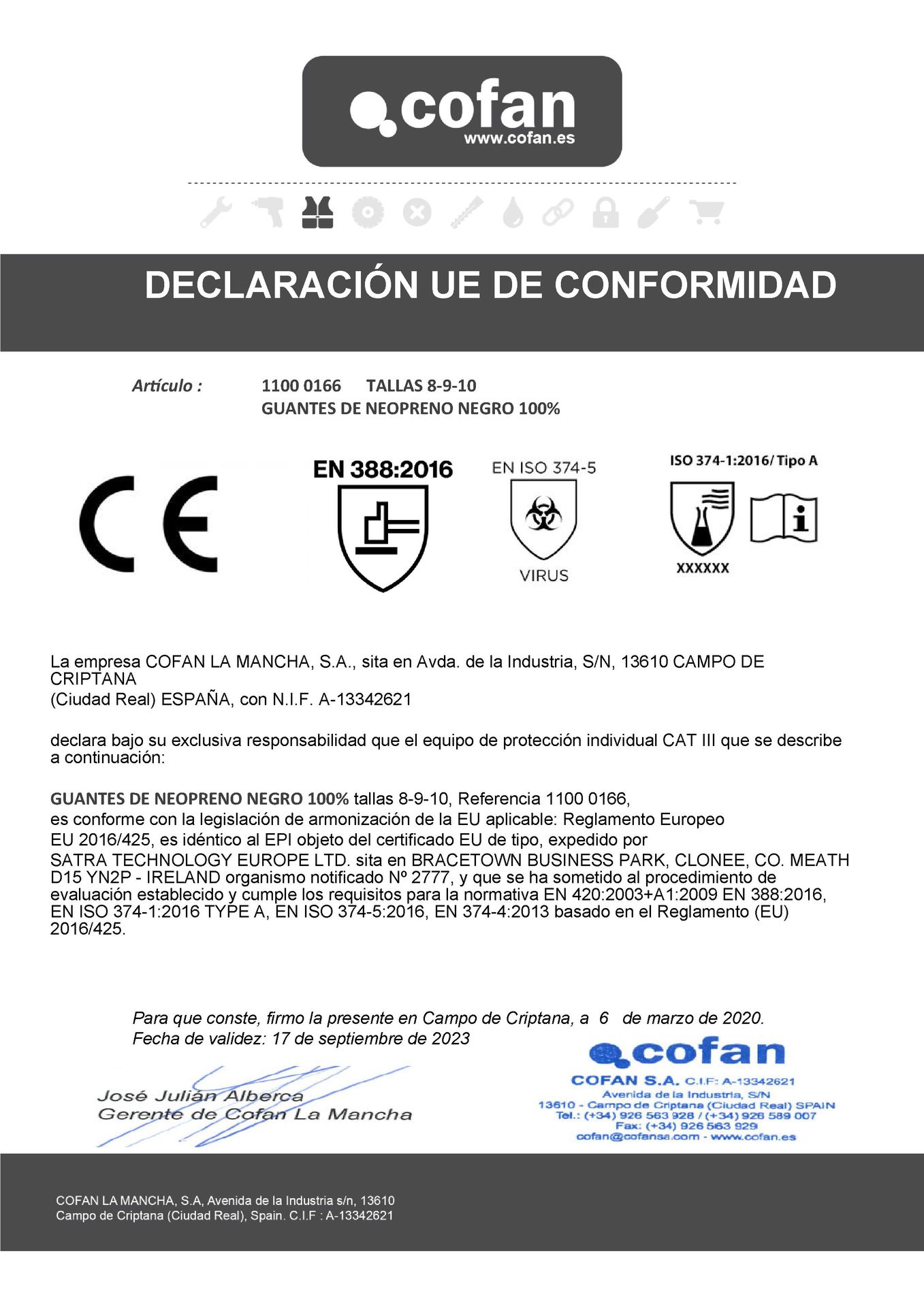 Declaracion de Conformidad de Guantes de Neopreno Negro