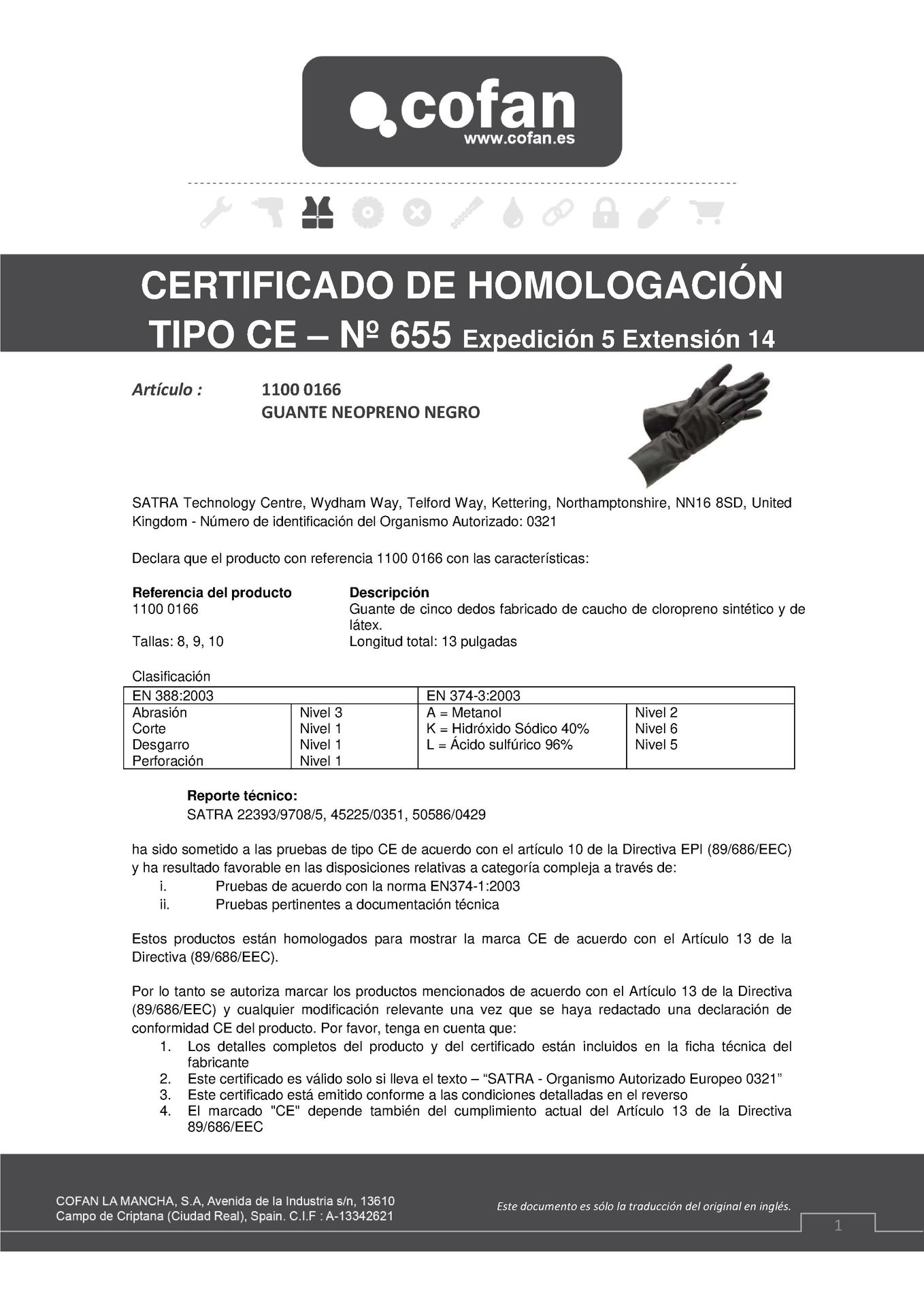 Certificado de Guantes de Neopreno Negro