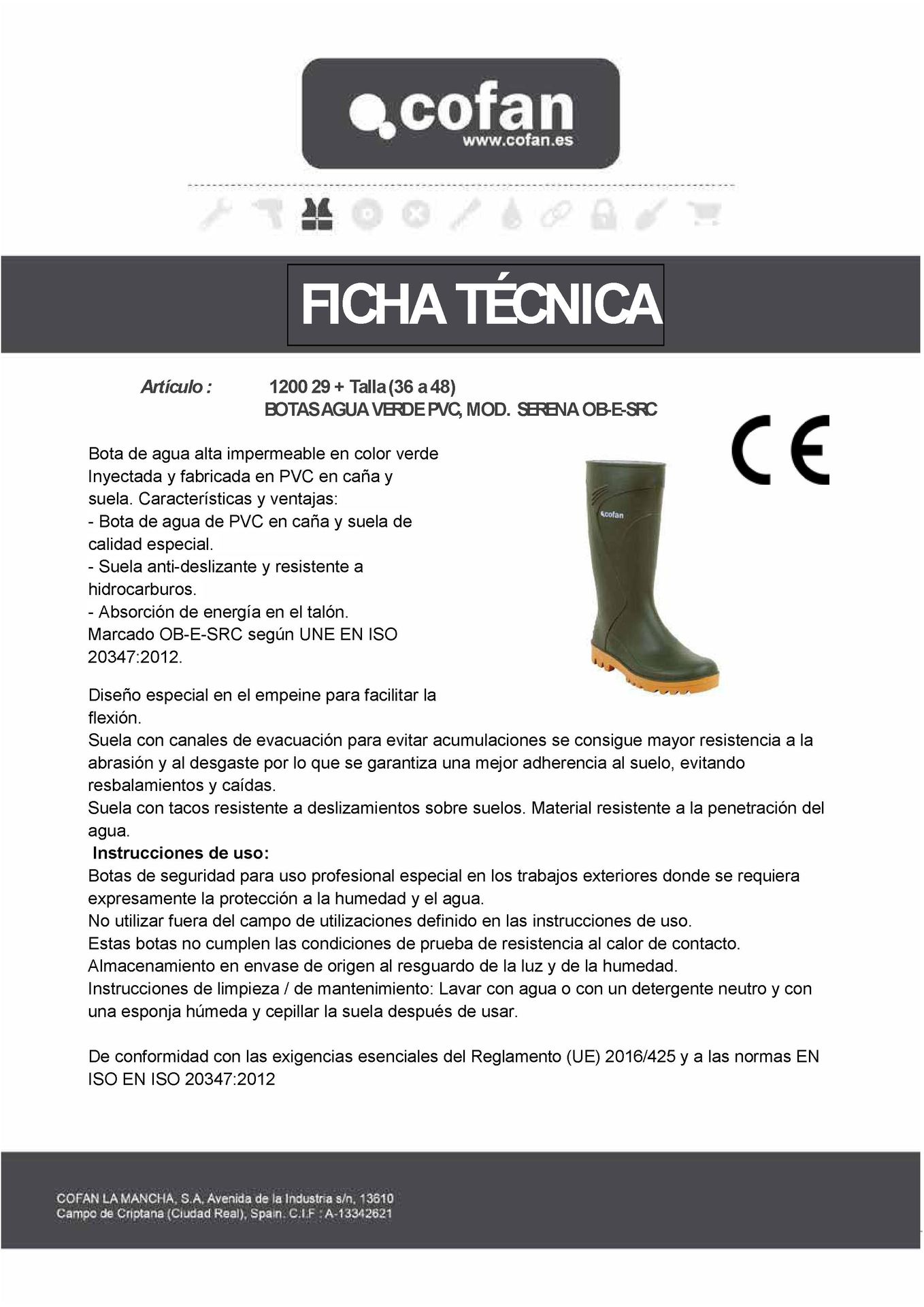 Ficha Técnica de Bota de Agua Verde Alta Calidad