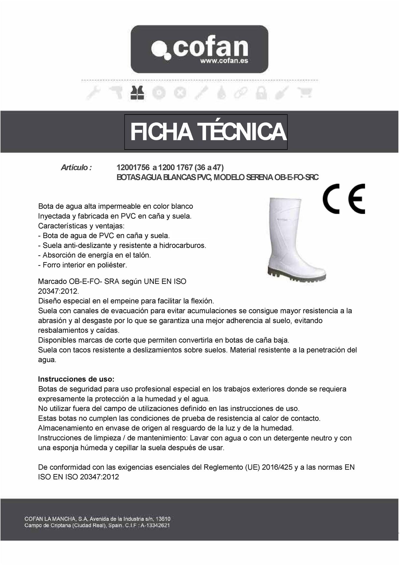 Ficha Técnica de Bota de Agua Blanca