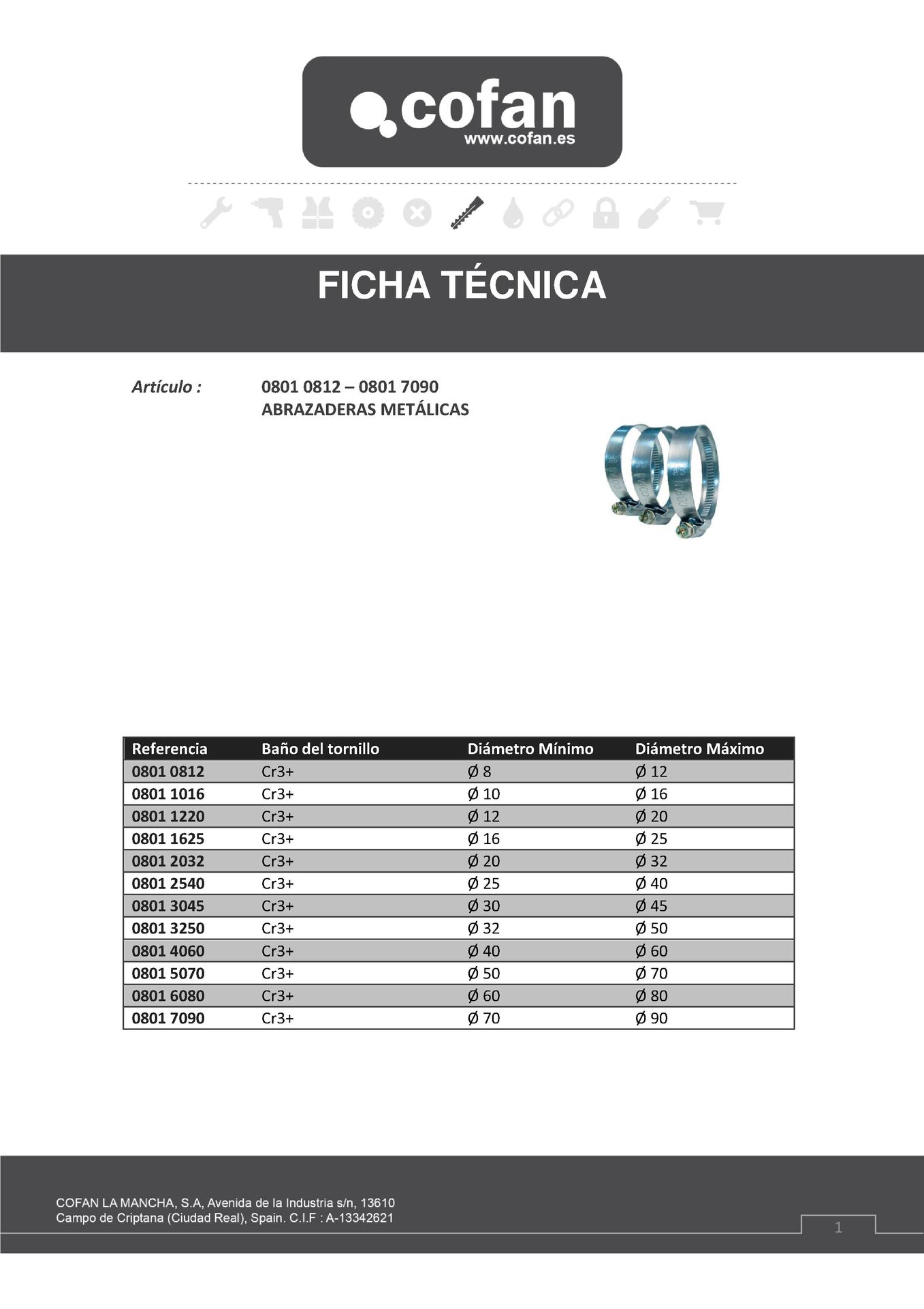 Ficha Técnica de Abrazadera Metálica Banda 9-12 mm