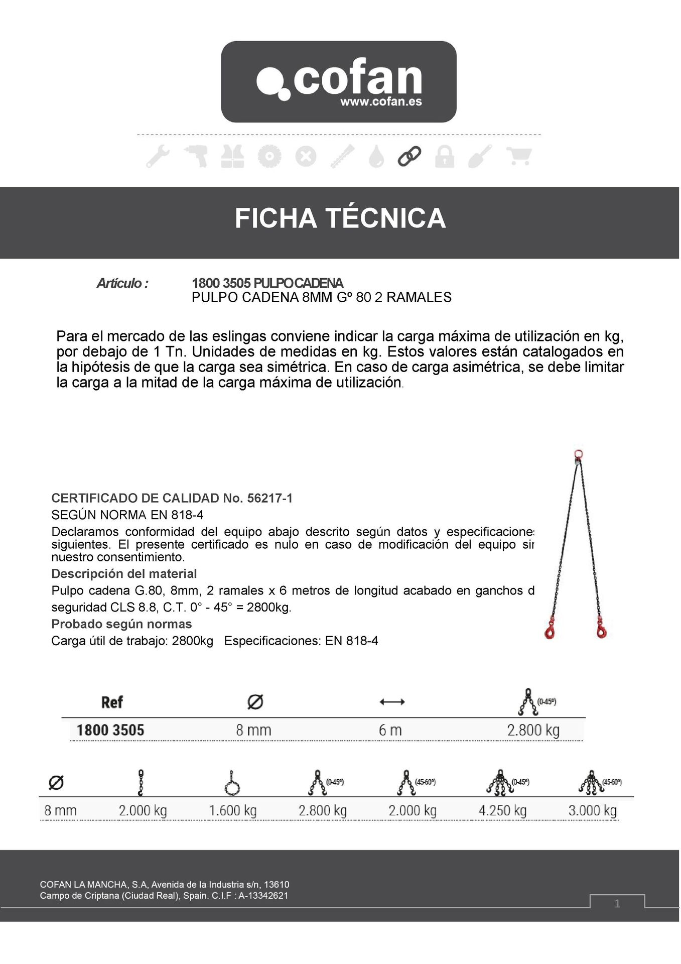 Ficha Técnica de Pulpo Cadena 8 mm 2 Ramales Gº80