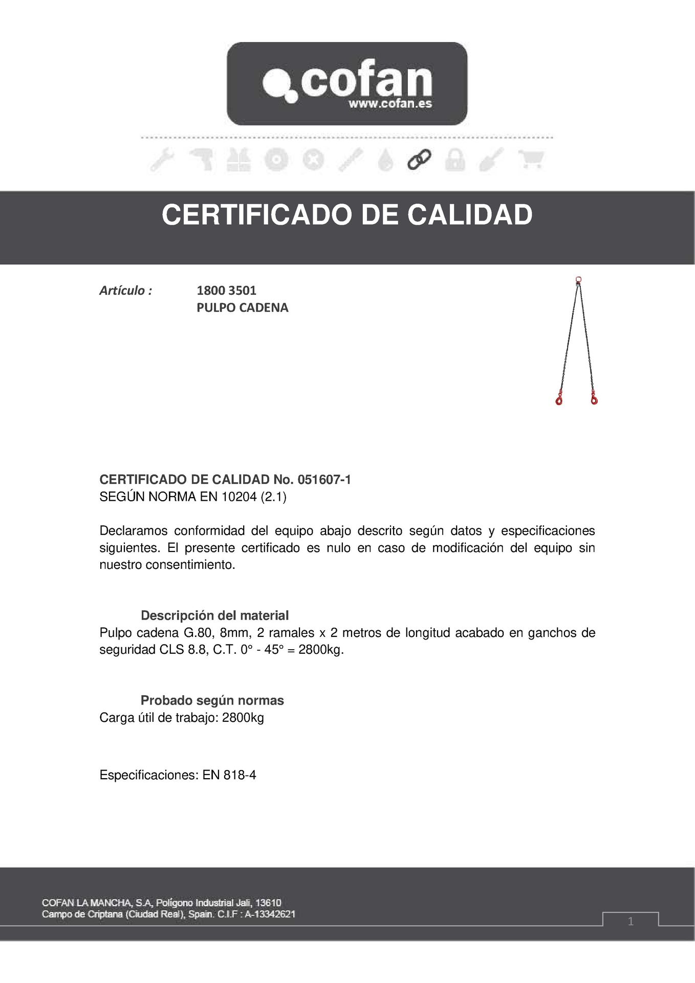 Certificado de Pulpo Cadena 8 mm 2 Ramales Gº80