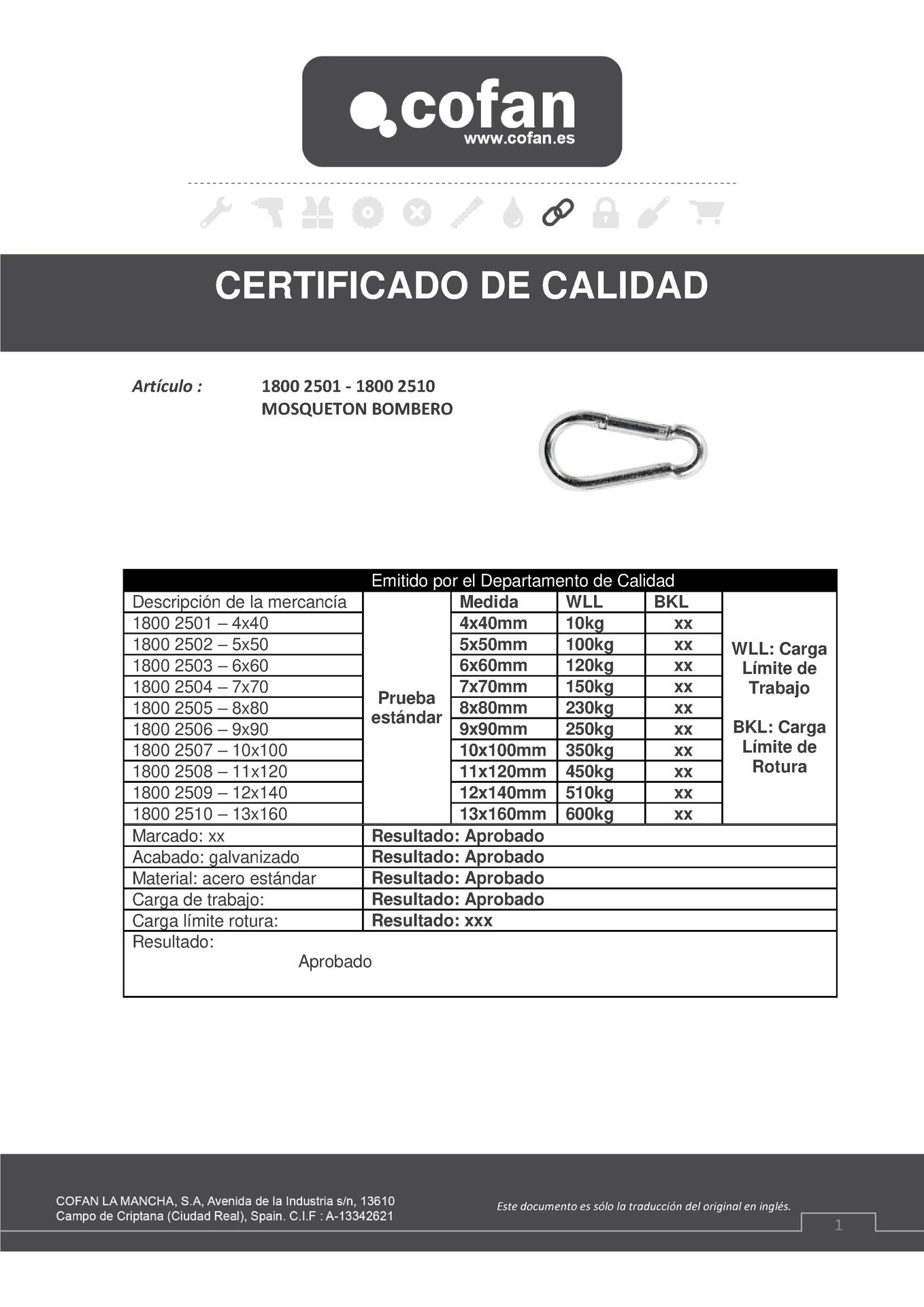 Ficha Técnica de Mosquetón Bombero