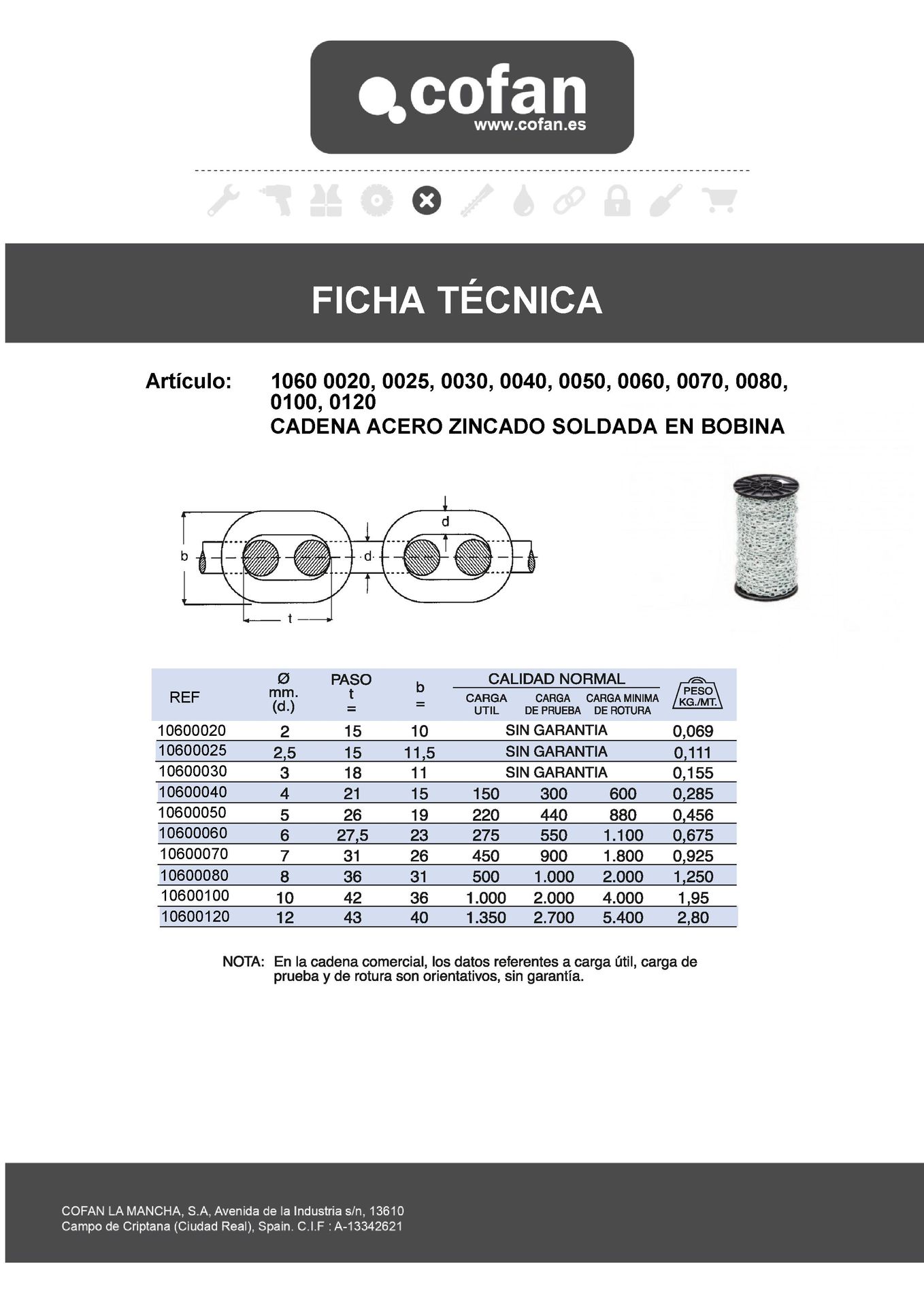 Ficha Técnica de Ml de Cadena de Acero Zincado