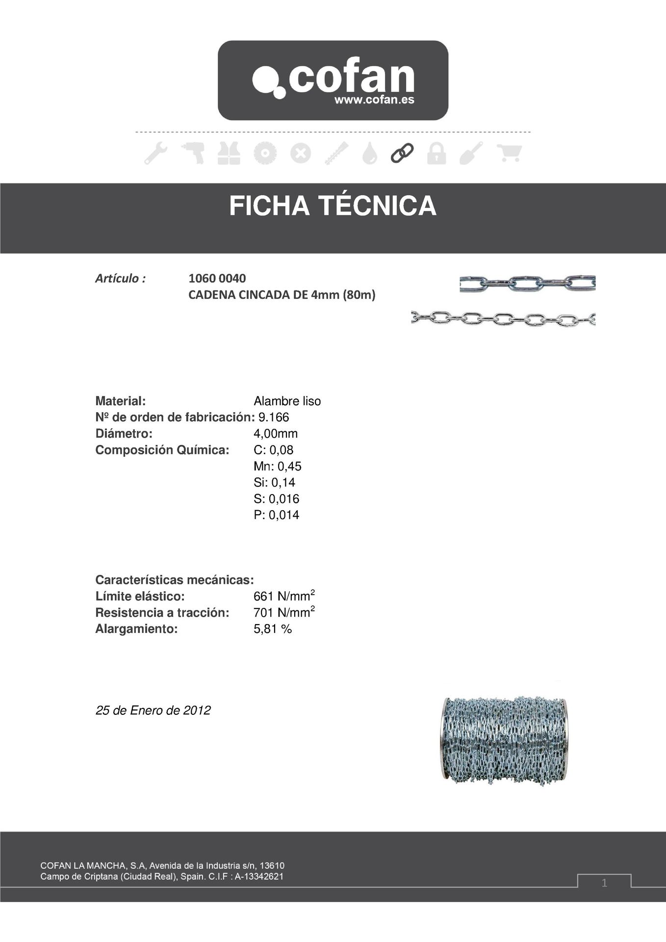 Certificado de Ml de Cadena de Acero Zincado