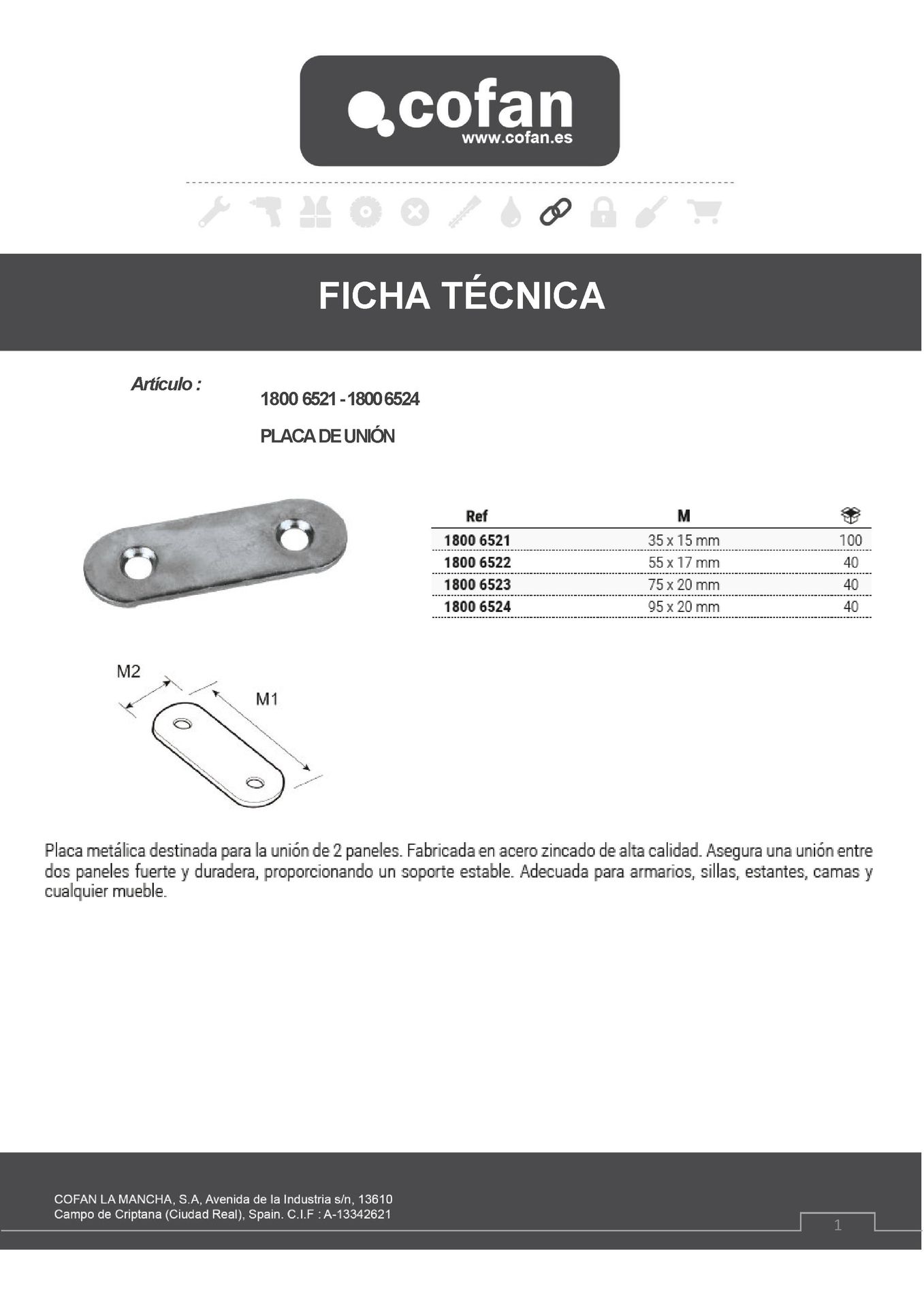 Ficha Técnica de Placa de Unión Recta