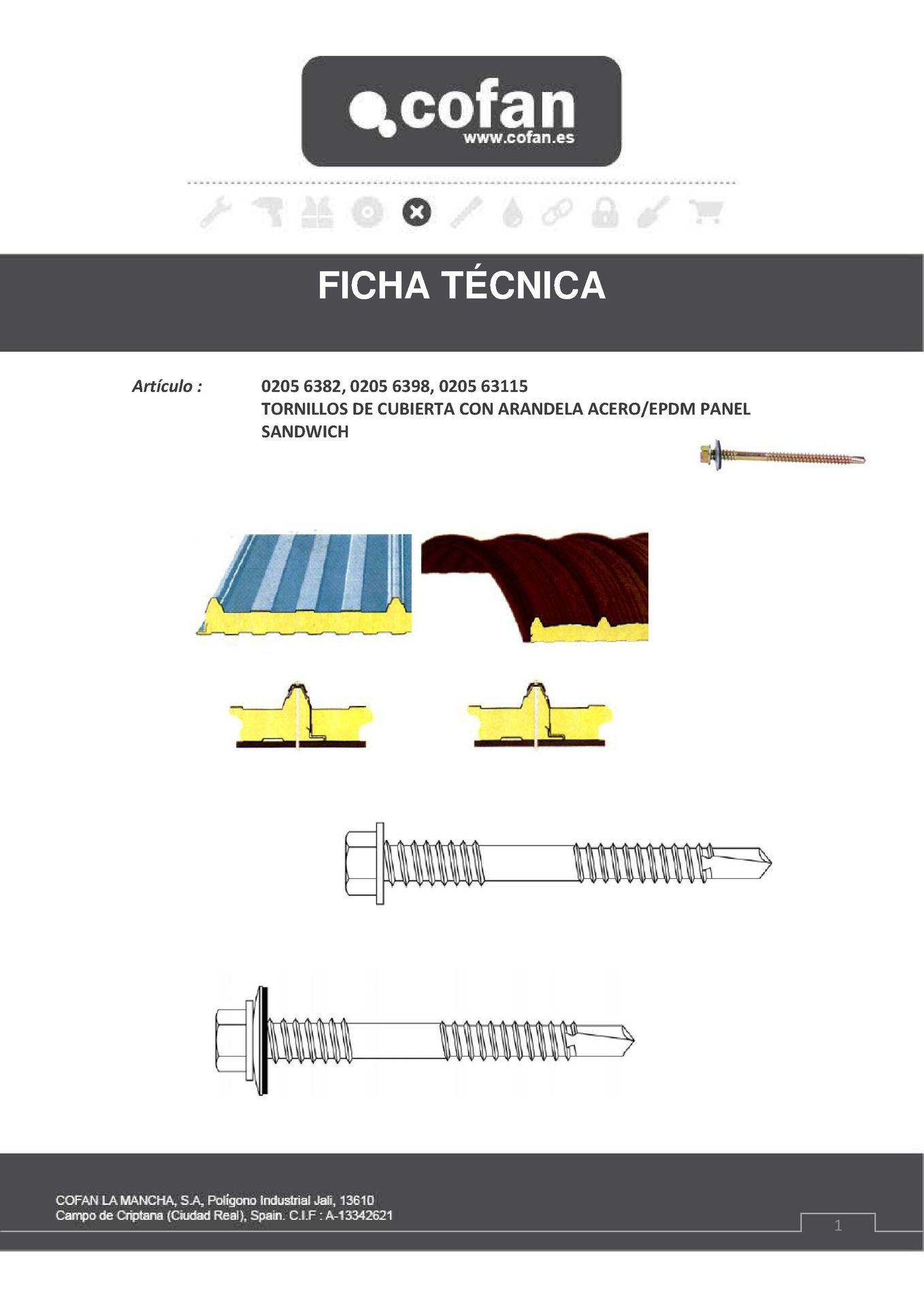 Ficha Técnica de Tornillo Autotaladrante con Arandela Acero (Panel Sandwich) 6,3 mm