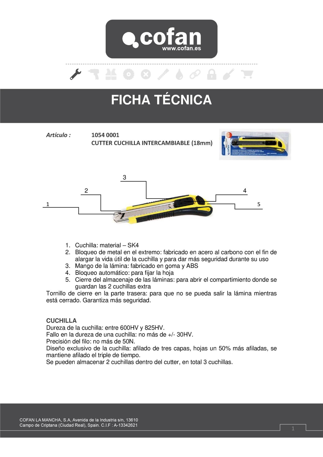 Cutter con Cuchilla Intercambiable Ficha Técnica