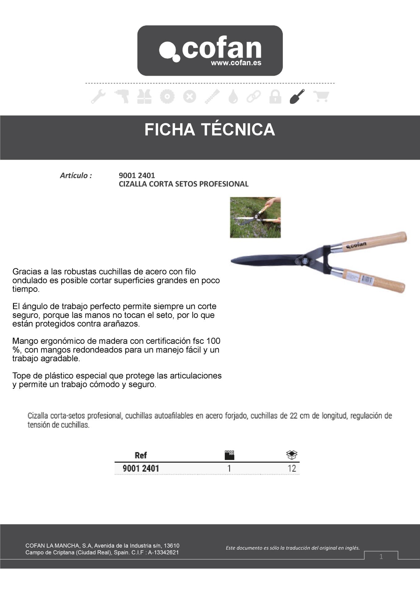 Tijera Corta Setos Profesional Ficha técnica