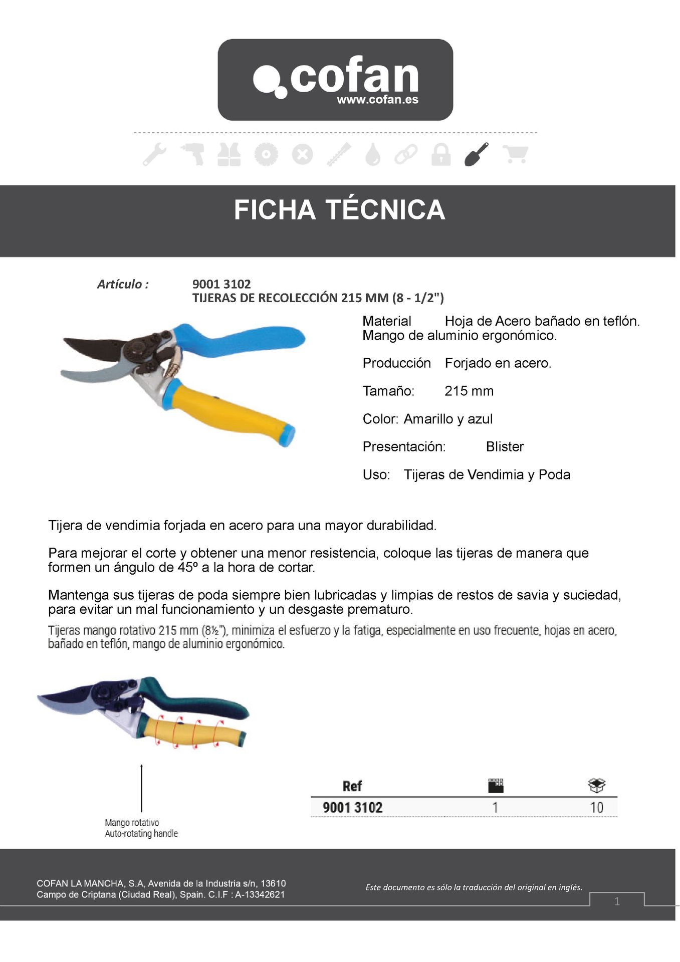 Ficha Tecnica Tijera de Poda Mango Rotativo 215 mm