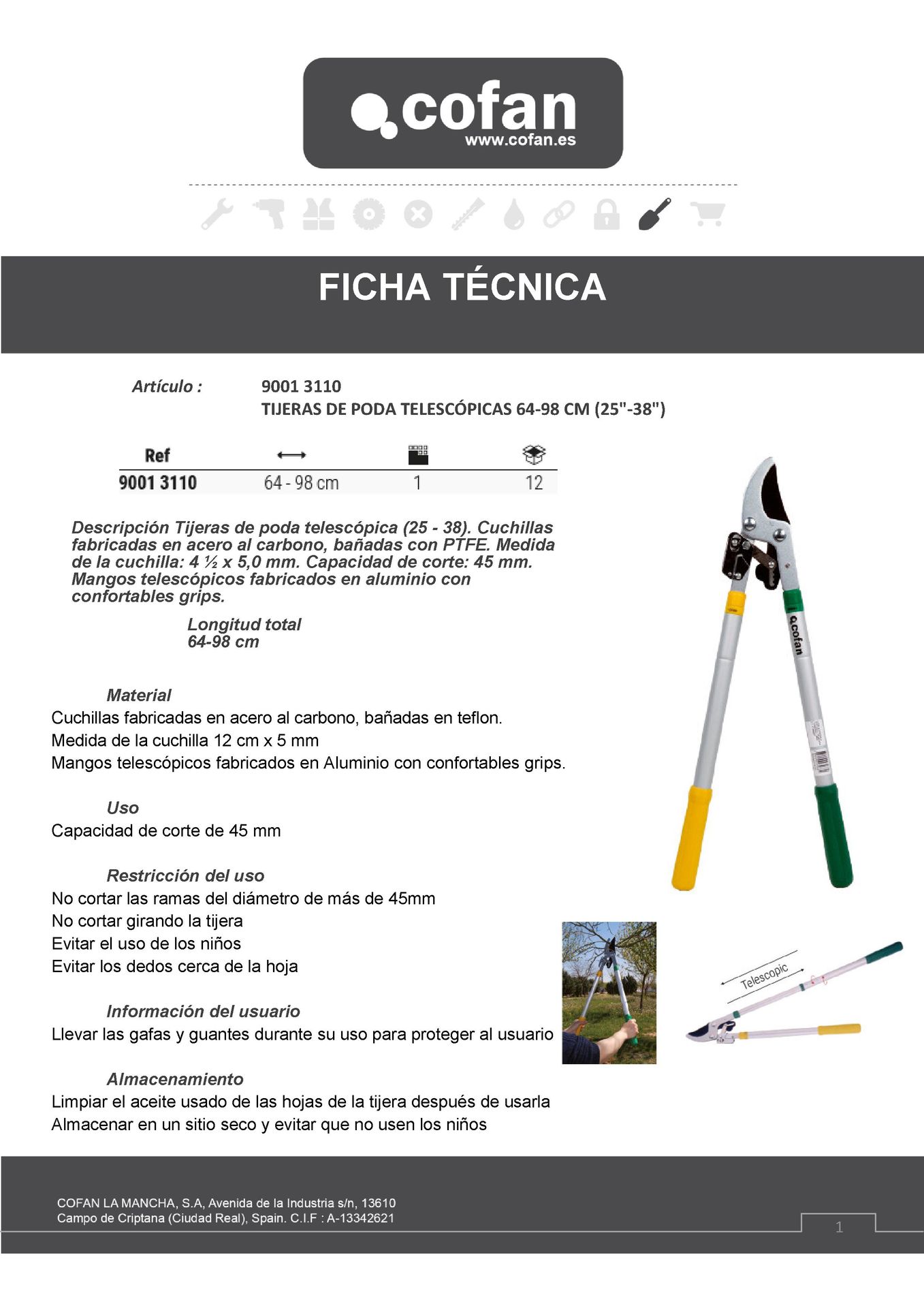 Ficha Técnica Tijera de Poda Telescopica 25-38